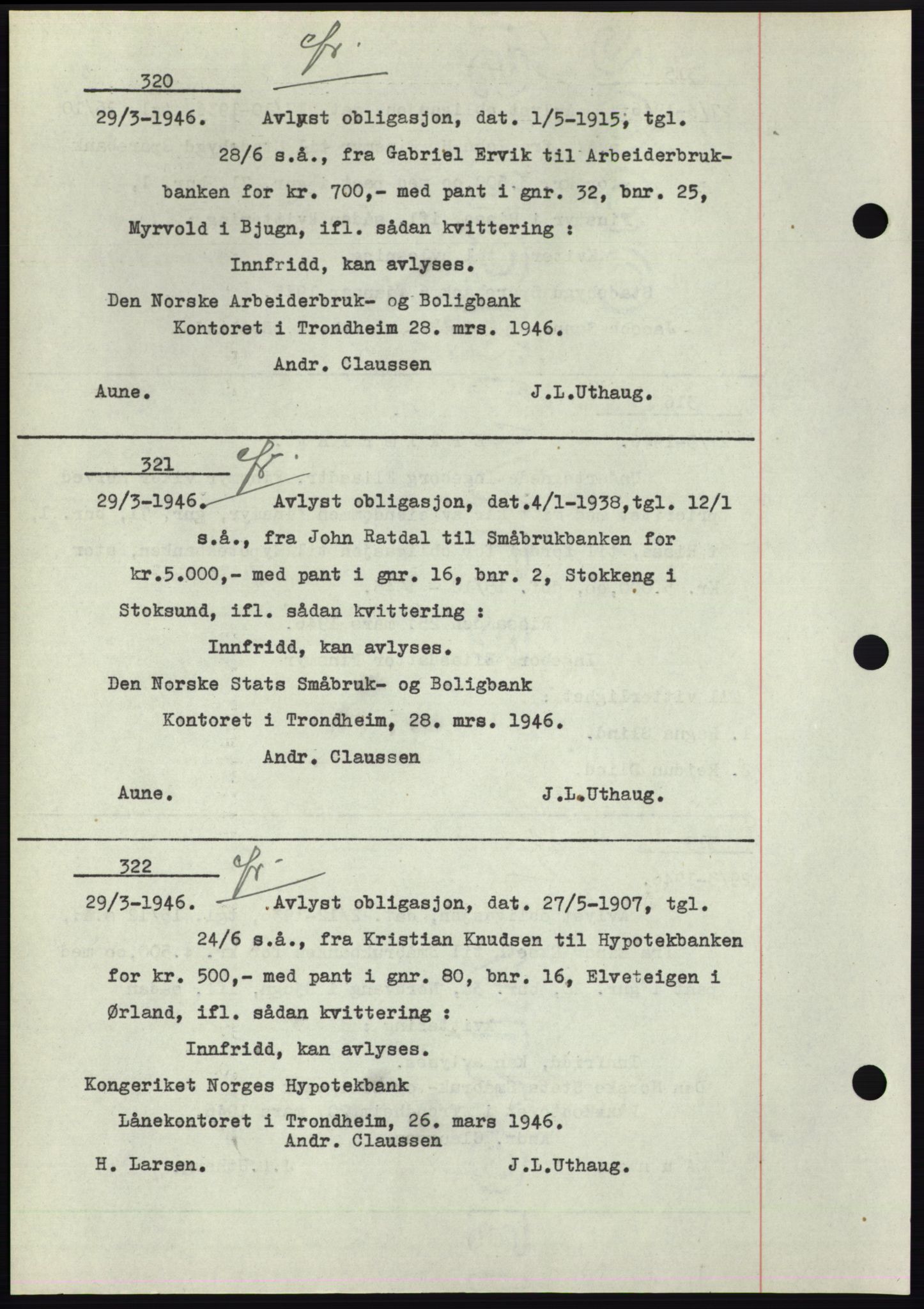 Fosen sorenskriveri, AV/SAT-A-1107/1/2/2C: Mortgage book no. B1, 1943-1946, Diary no: : 320/1946