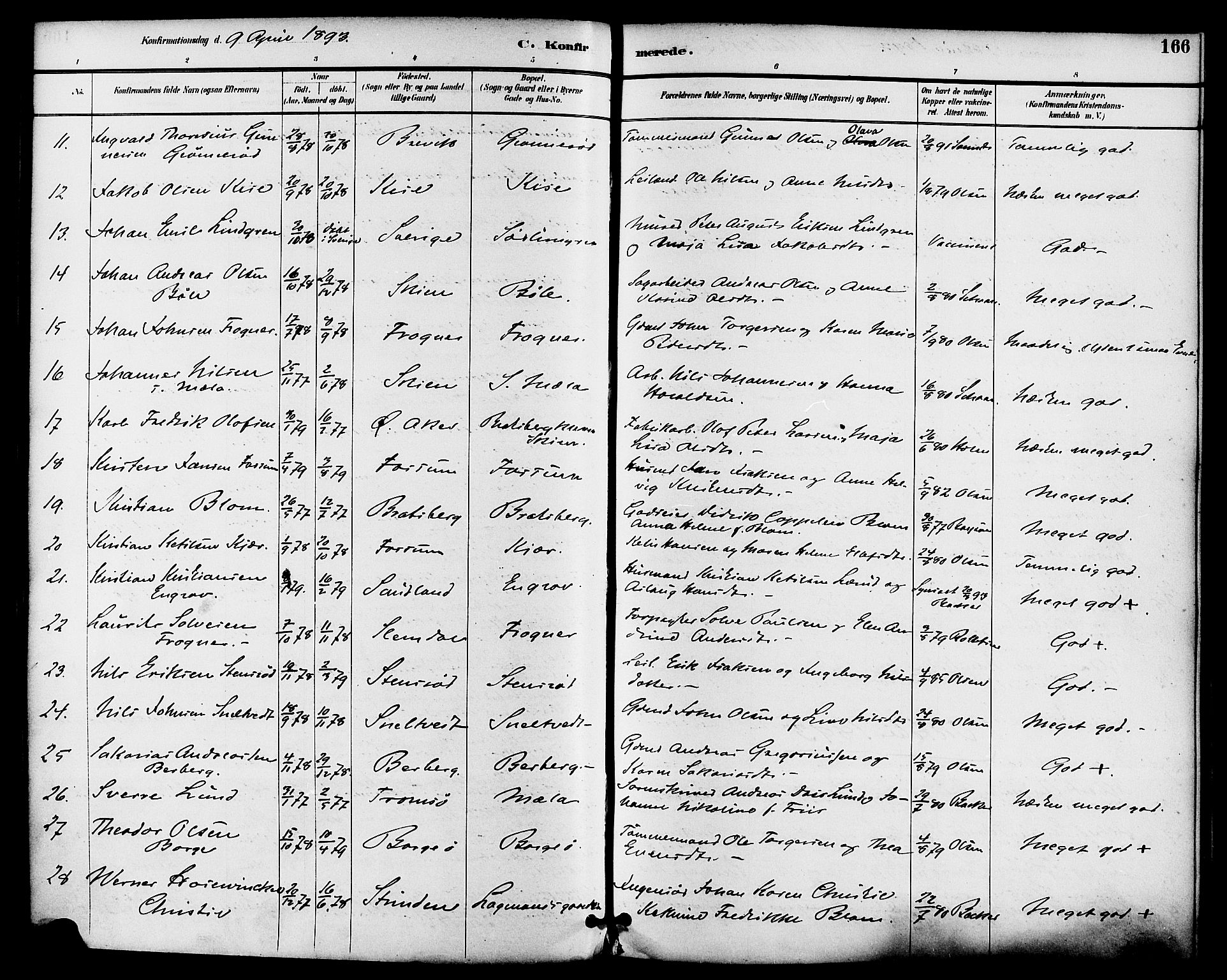 Gjerpen kirkebøker, SAKO/A-265/F/Fa/L0010: Parish register (official) no. I 10, 1886-1895, p. 166