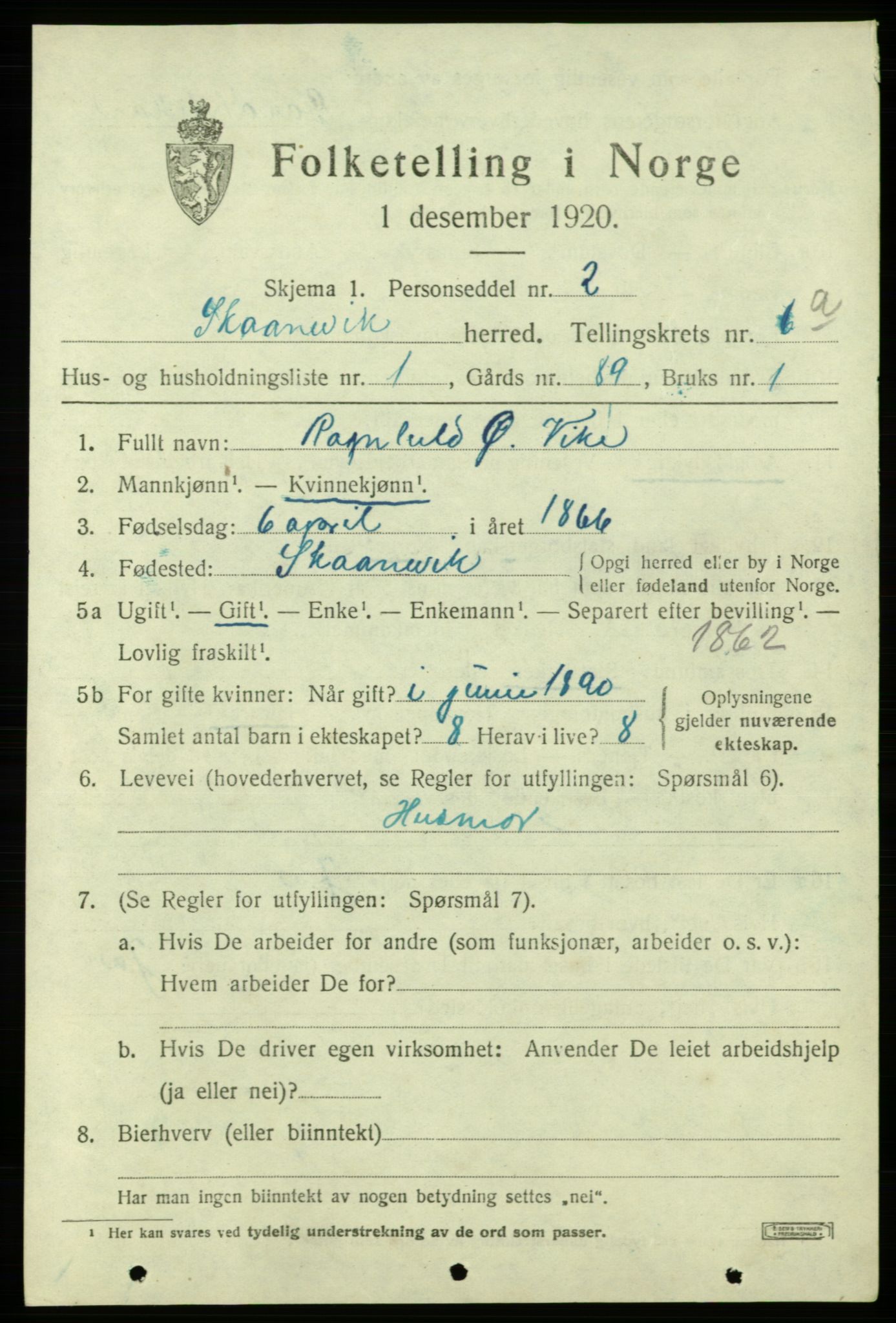 SAB, 1920 census for Skånevik, 1920, p. 4065