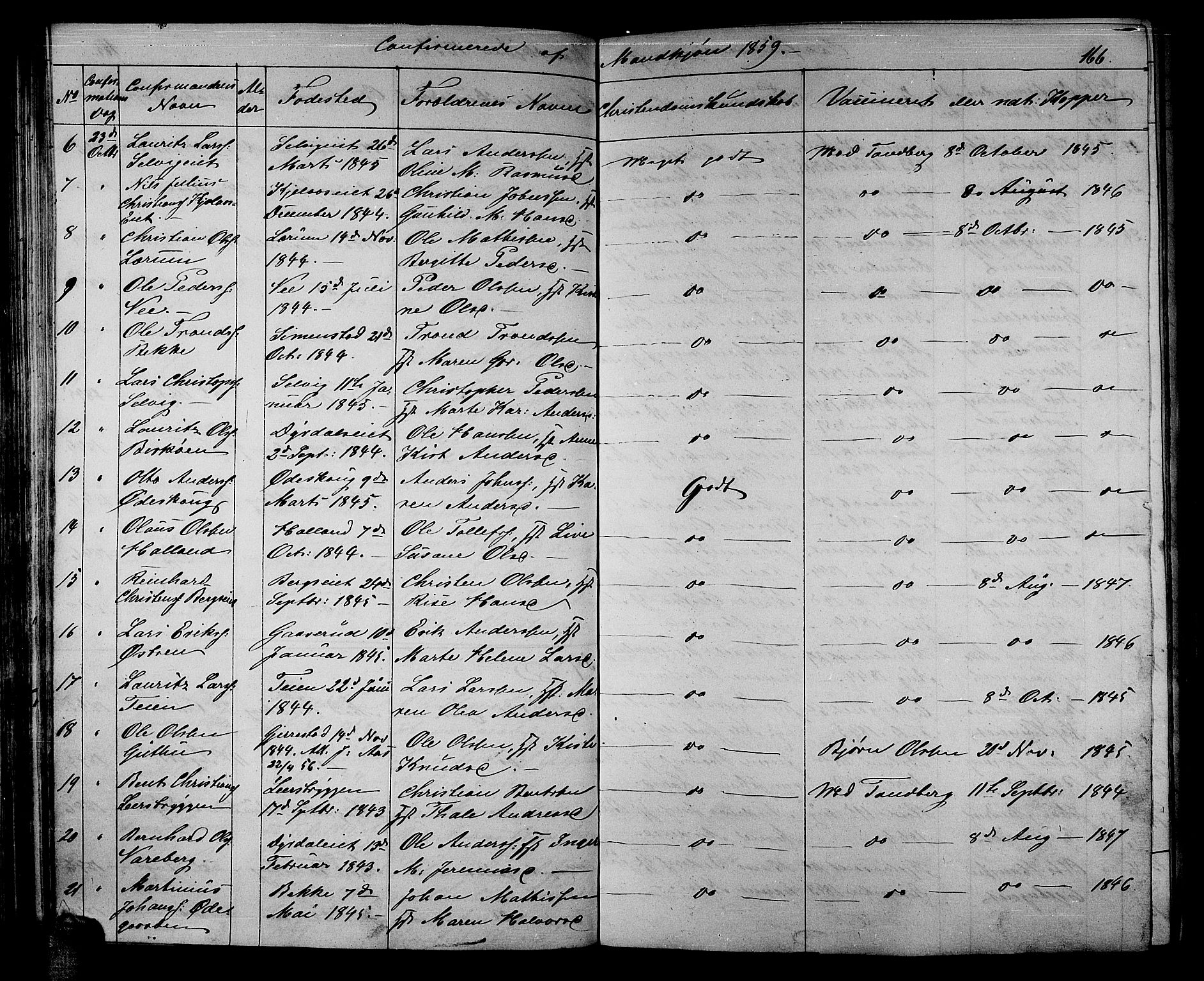 Sande Kirkebøker, AV/SAKO-A-53/G/Ga/L0002: Parish register (copy) no. 2, 1847-1863, p. 166