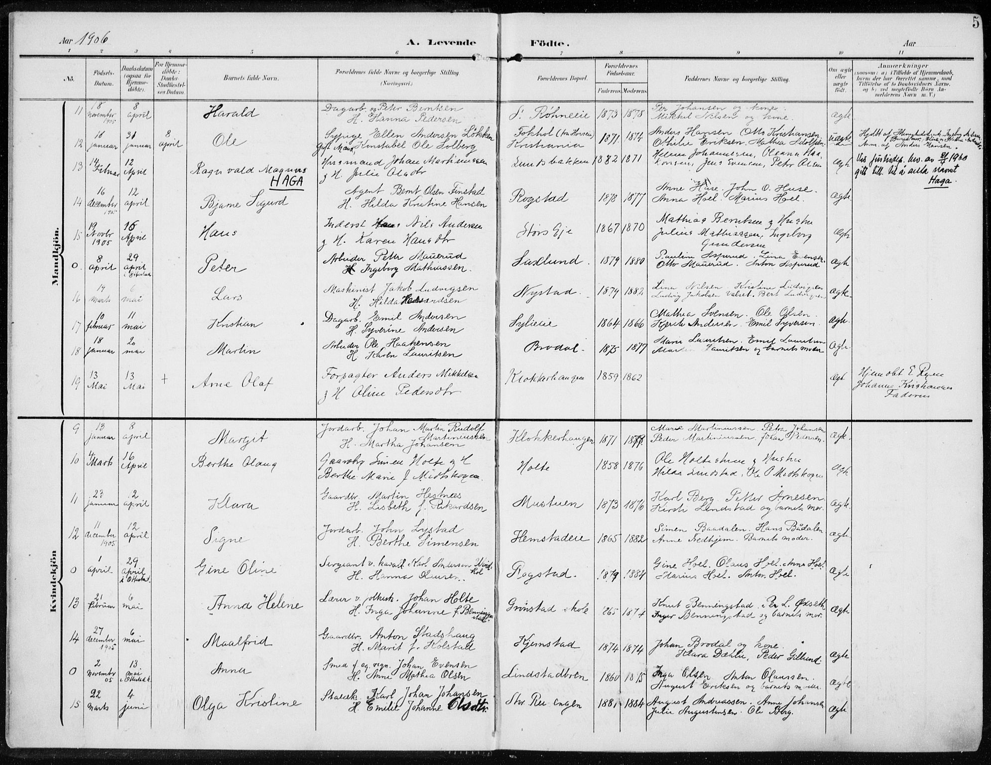 Stange prestekontor, AV/SAH-PREST-002/K/L0024: Parish register (official) no. 24, 1906-1922, p. 5