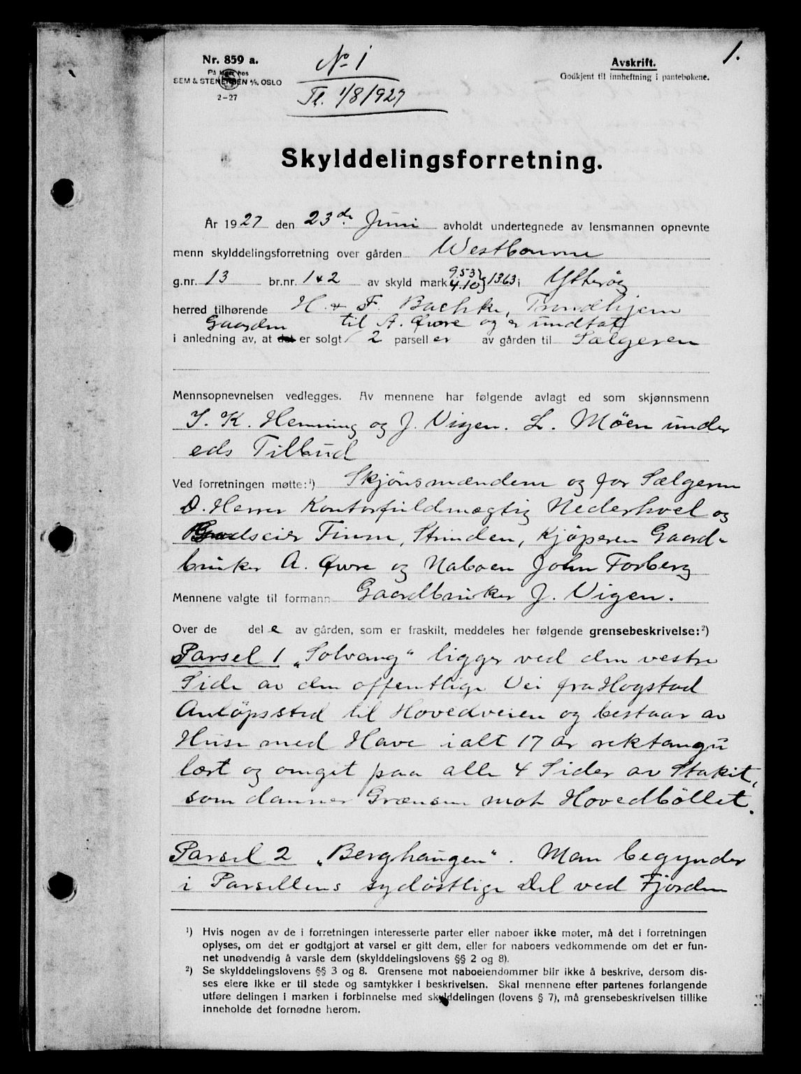 Inderøy sorenskriveri, AV/SAT-A-4147/1/2/2C/L0063: Mortgage book no. 49, 1927-1927, Deed date: 01.08.1927