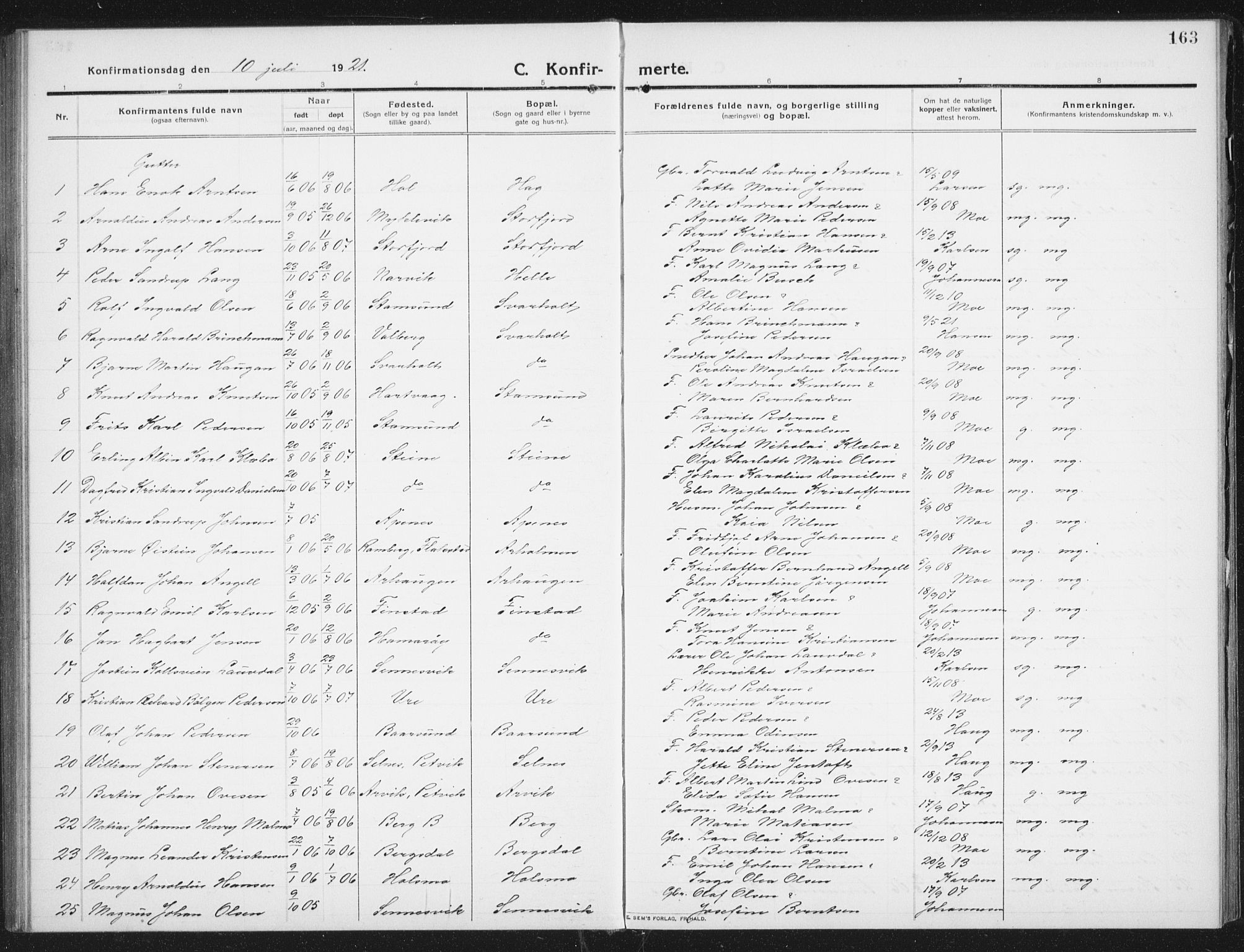 Ministerialprotokoller, klokkerbøker og fødselsregistre - Nordland, SAT/A-1459/882/L1183: Parish register (copy) no. 882C01, 1911-1938, p. 163