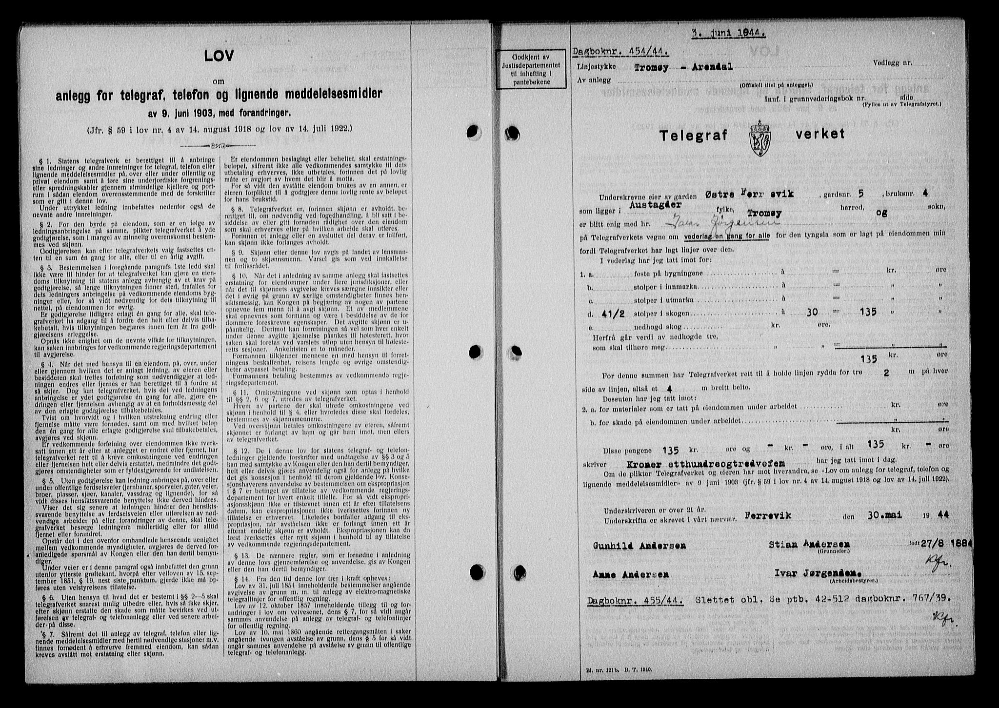 Nedenes sorenskriveri, SAK/1221-0006/G/Gb/Gba/L0051: Mortgage book no. A-V, 1943-1944, Diary no: : 454/1944