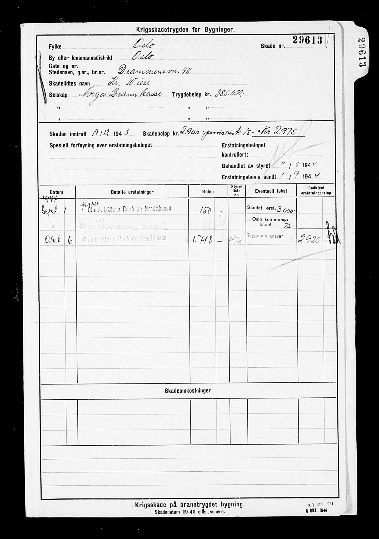 Krigsskadetrygdene for bygninger og løsøre, AV/RA-S-1548/V/L0005: Bygning. Trygdete skader inntruffet etter 1/9-40. Skadenr. 29605-38120. positiv Original, 1940-1945