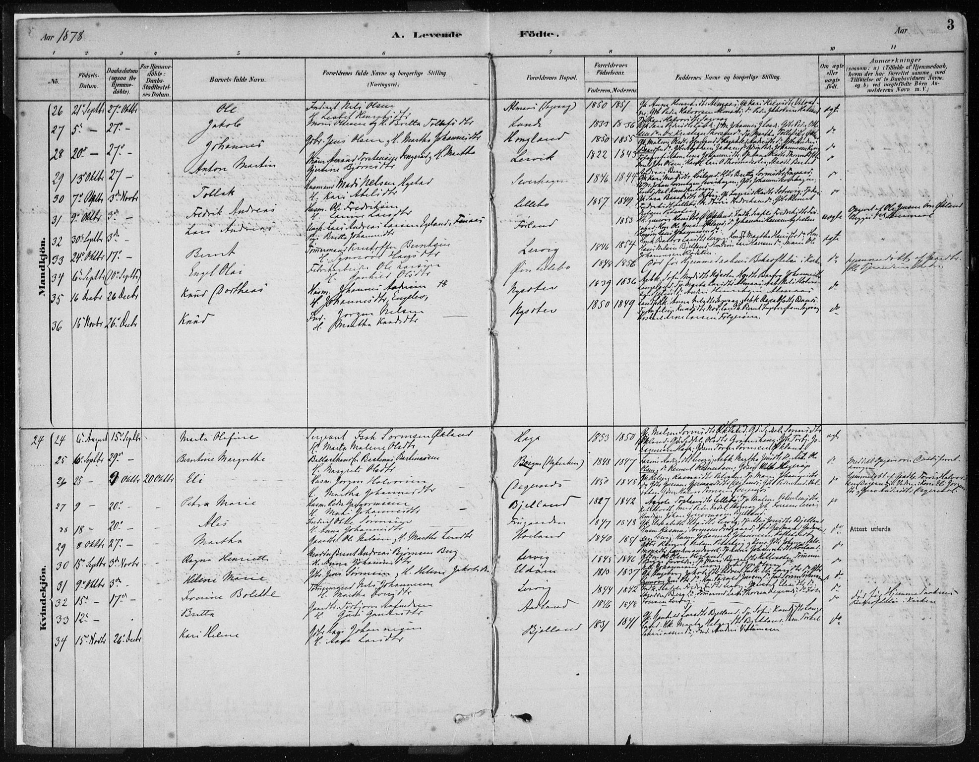 Stord sokneprestembete, AV/SAB-A-78201/H/Haa: Parish register (official) no. B 2, 1878-1913, p. 3