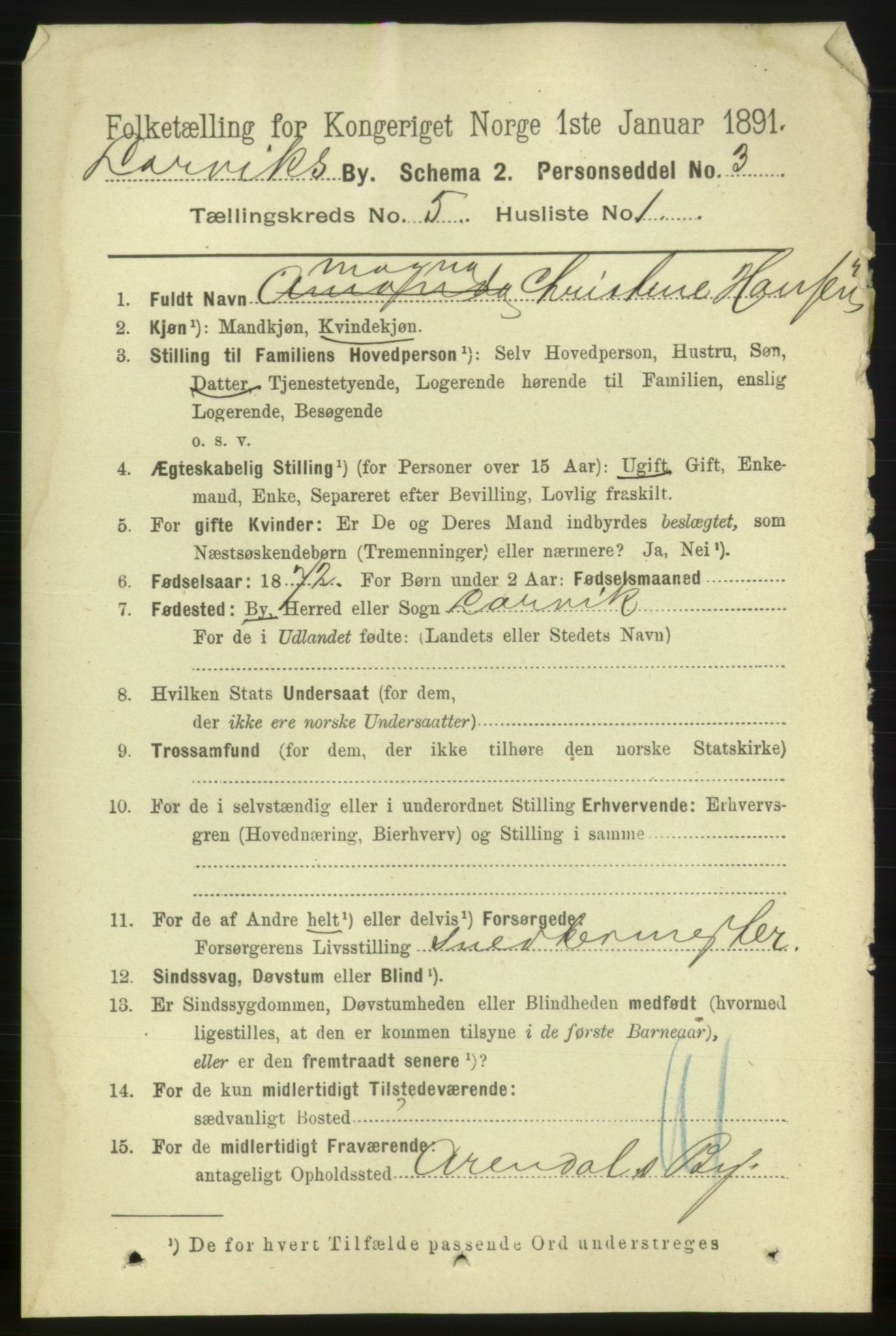 RA, 1891 census for 0707 Larvik, 1891, p. 5990