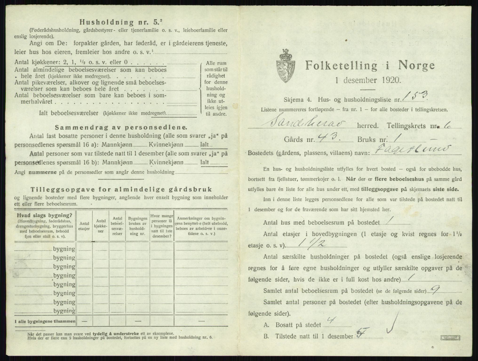 SAKO, 1920 census for Sandeherred, 1920, p. 1418