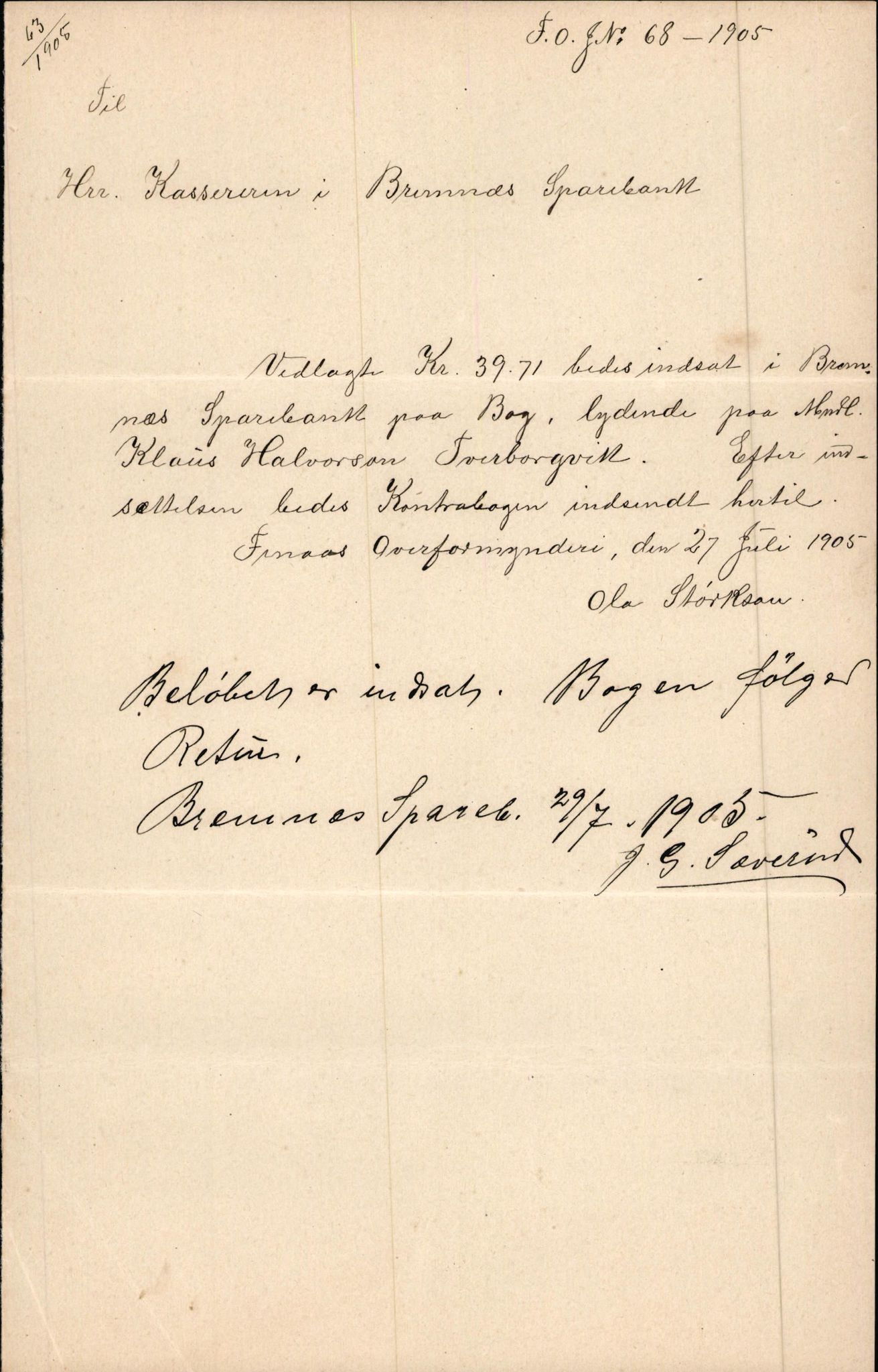 Finnaas kommune. Overformynderiet, IKAH/1218a-812/D/Da/Daa/L0002/0003: Kronologisk ordna korrespondanse / Kronologisk ordna korrespondanse, 1905-1909, p. 25