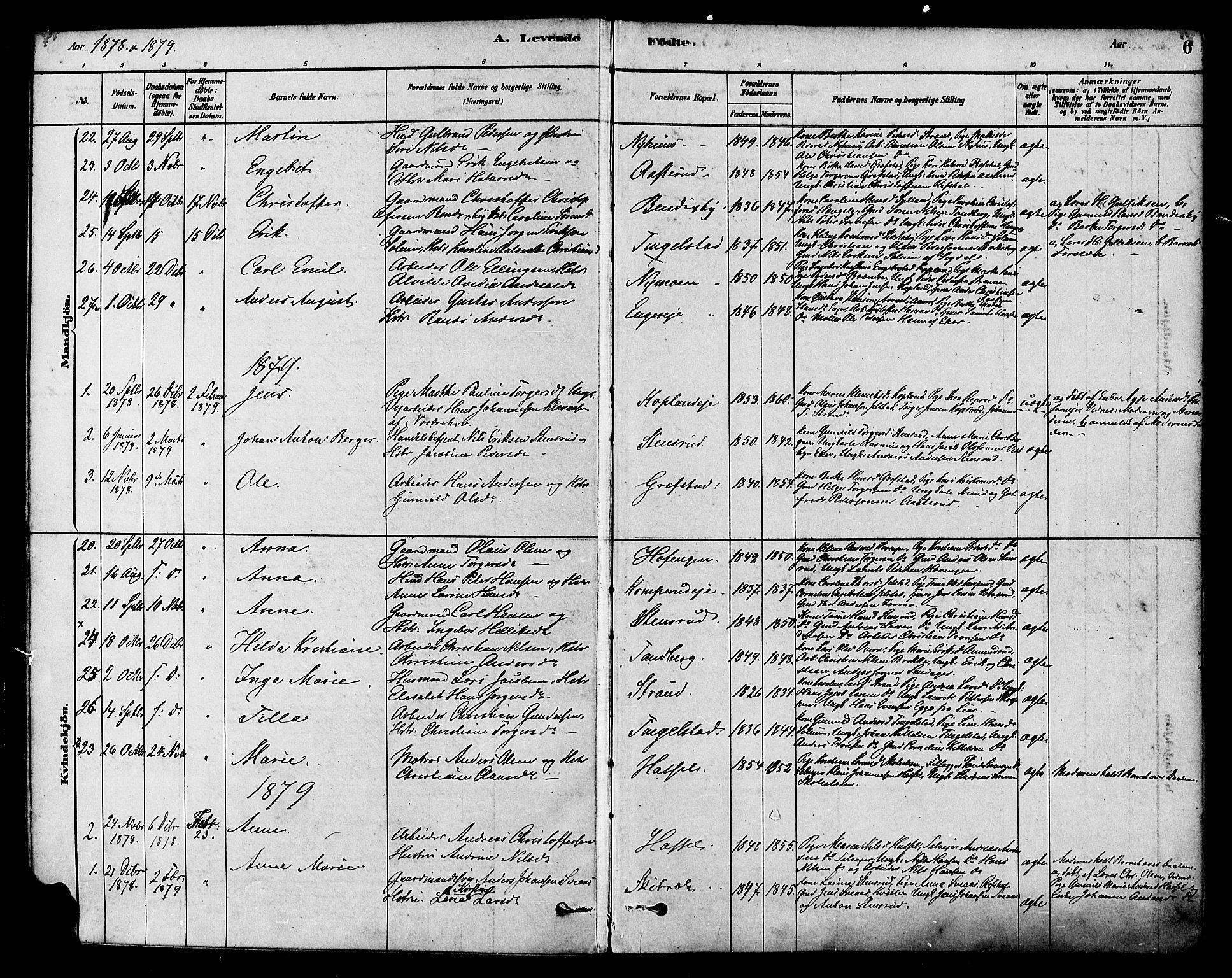 Modum kirkebøker, AV/SAKO-A-234/F/Fa/L0015: Parish register (official) no. 15 /1, 1877-1889, p. 6