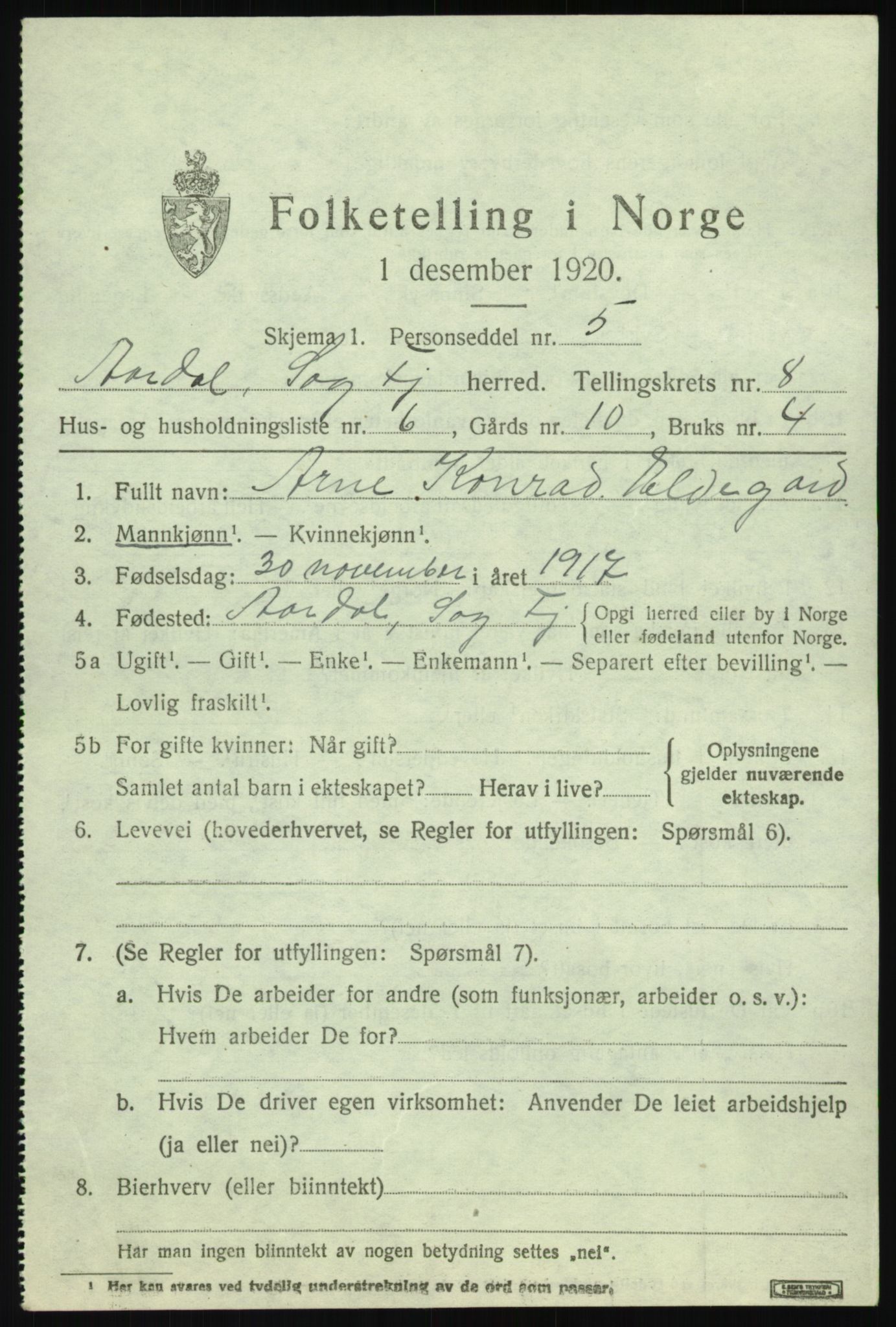 SAB, 1920 census for Årdal, 1920, p. 3603