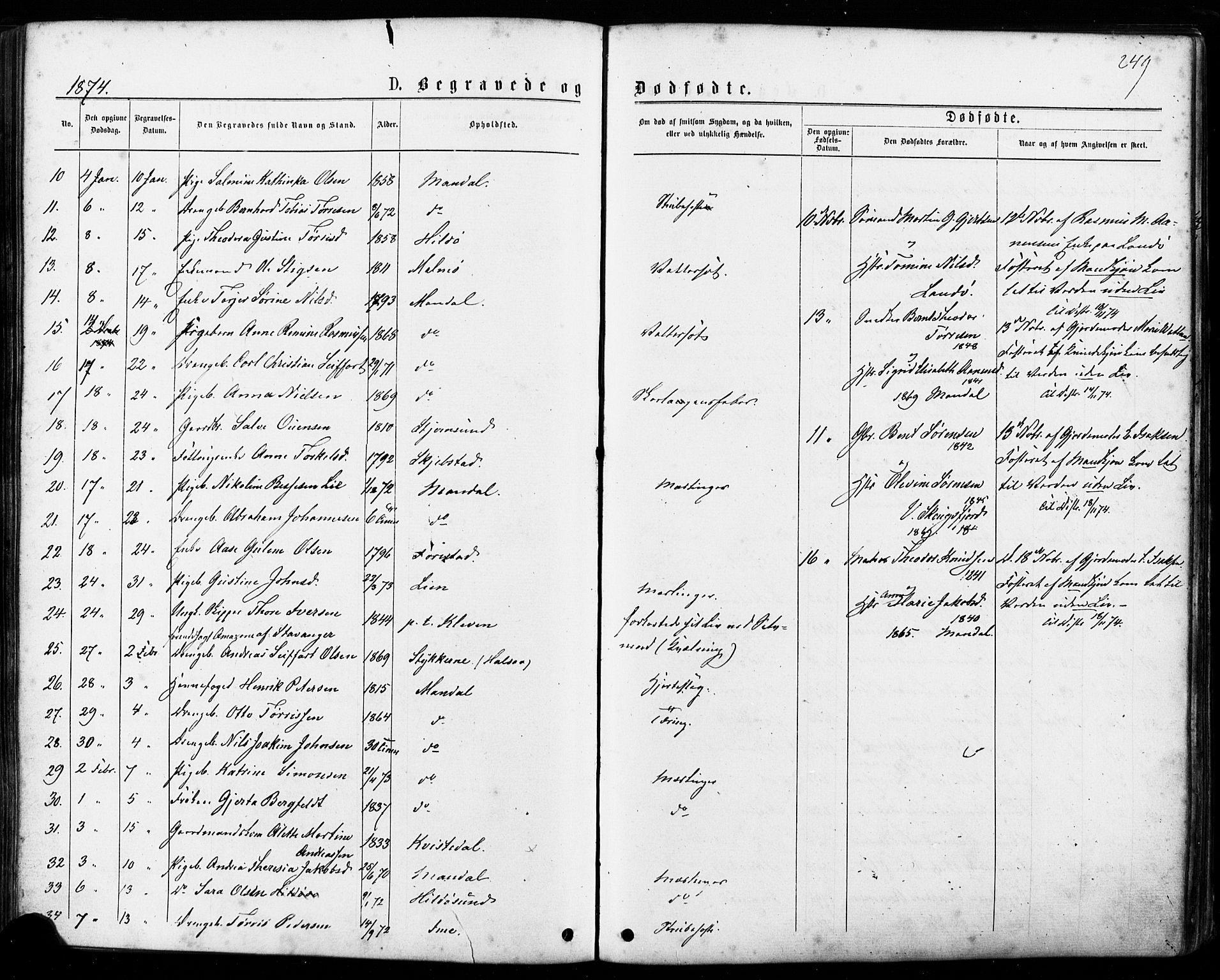 Mandal sokneprestkontor, SAK/1111-0030/F/Fa/Faa/L0015: Parish register (official) no. A 15, 1873-1879, p. 249