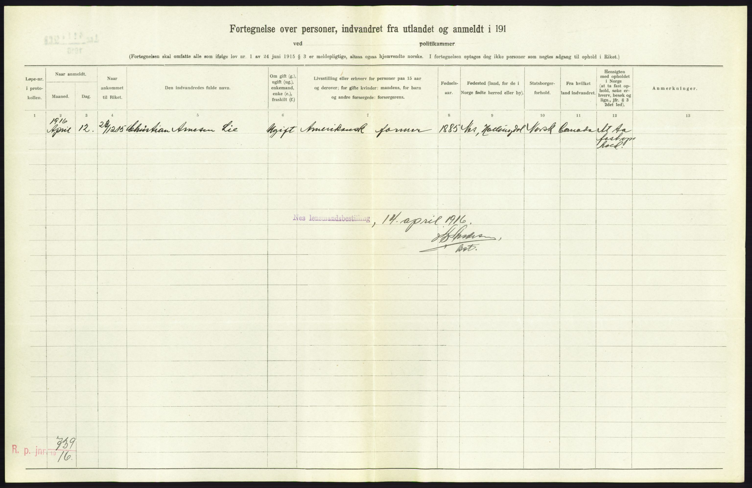 Statistisk sentralbyrå, Sosioøkonomiske emner, Folketellinger, boliger og boforhold, AV/RA-S-2231/F/Fa/L0001: Innvandring. Navn/fylkesvis, 1915, p. 288