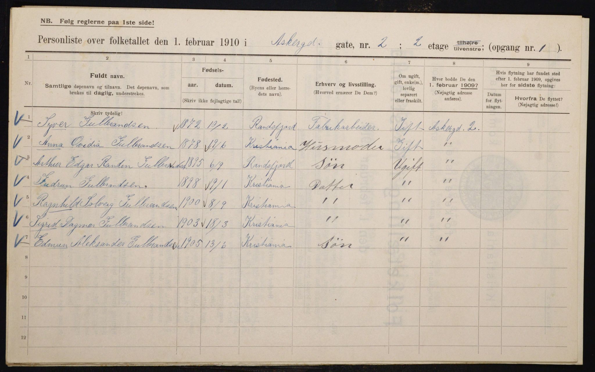 OBA, Municipal Census 1910 for Kristiania, 1910, p. 2322