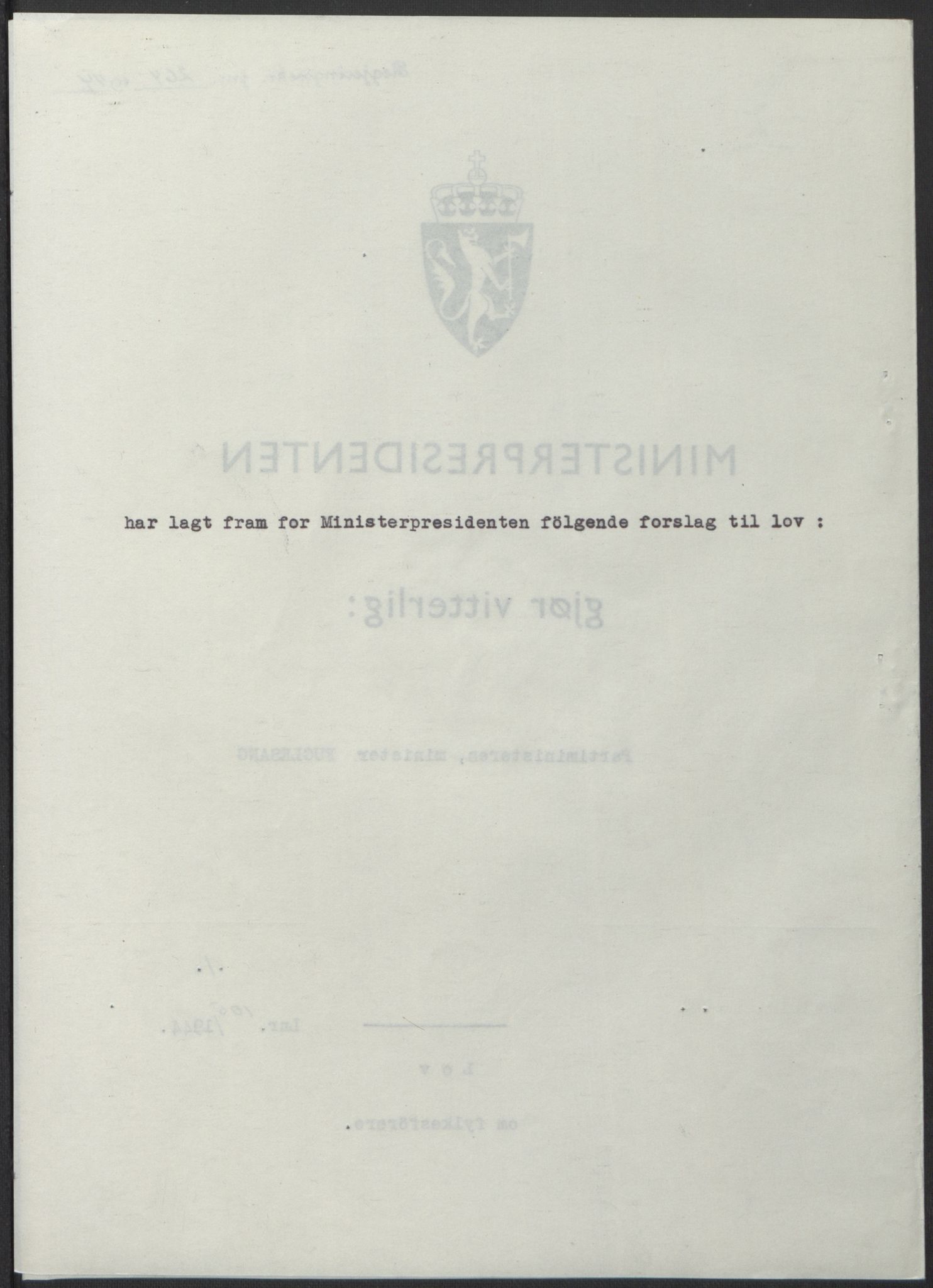 NS-administrasjonen 1940-1945 (Statsrådsekretariatet, de kommisariske statsråder mm), AV/RA-S-4279/D/Db/L0100: Lover, 1944, p. 498