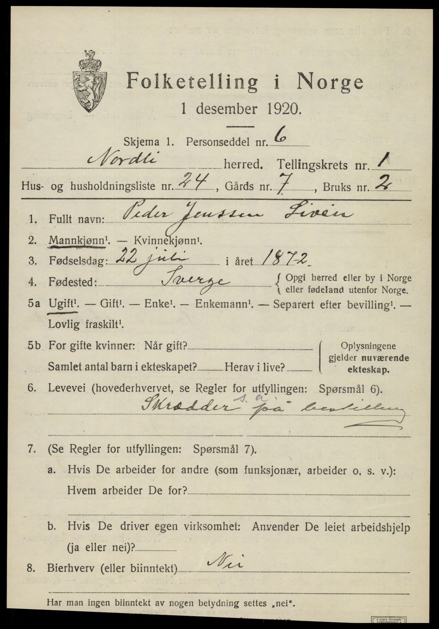 SAT, 1920 census for Nordli, 1920, p. 711