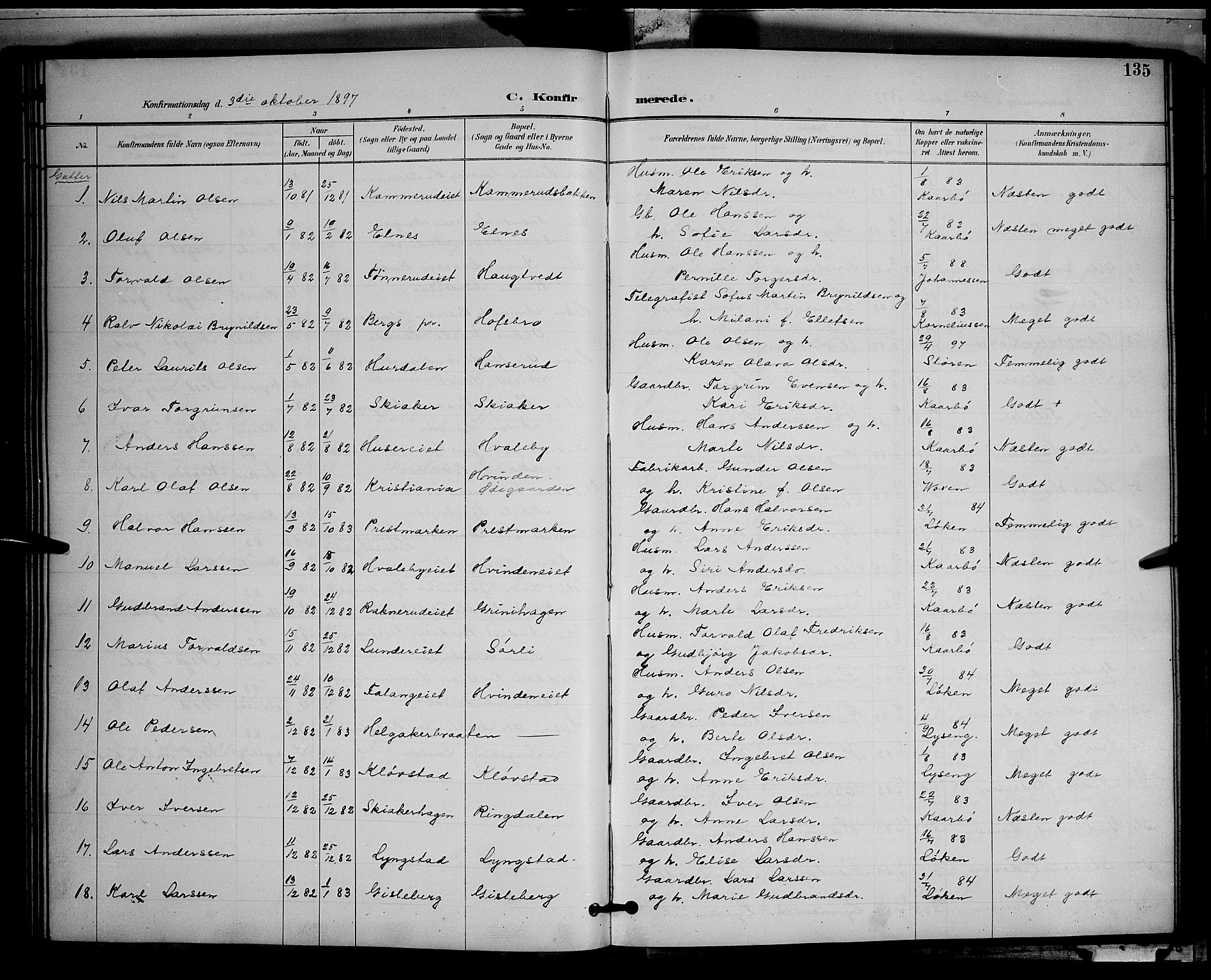 Gran prestekontor, SAH/PREST-112/H/Ha/Hab/L0005: Parish register (copy) no. 5, 1892-1900, p. 135