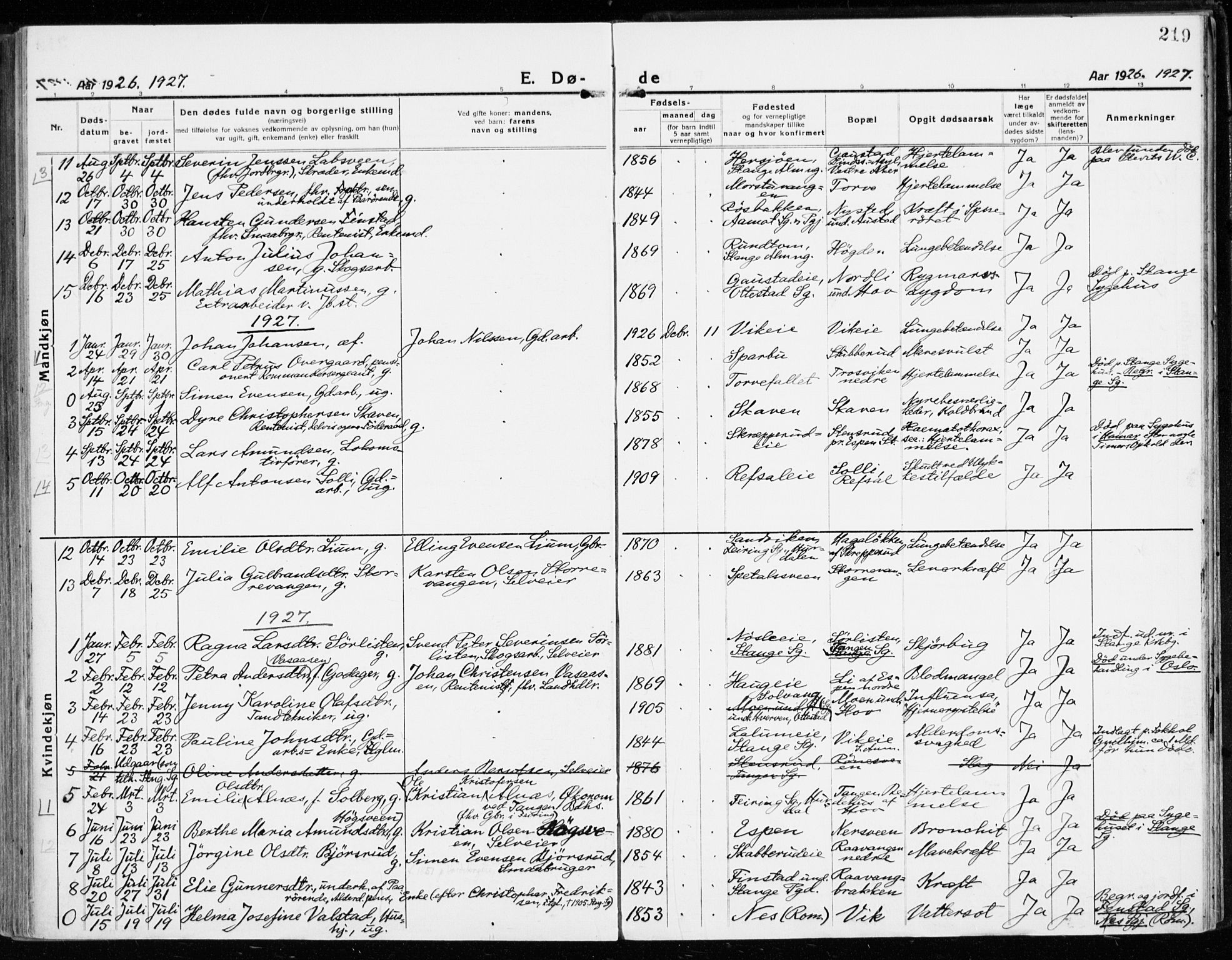 Stange prestekontor, AV/SAH-PREST-002/K/L0025: Parish register (official) no. 25, 1921-1945, p. 219