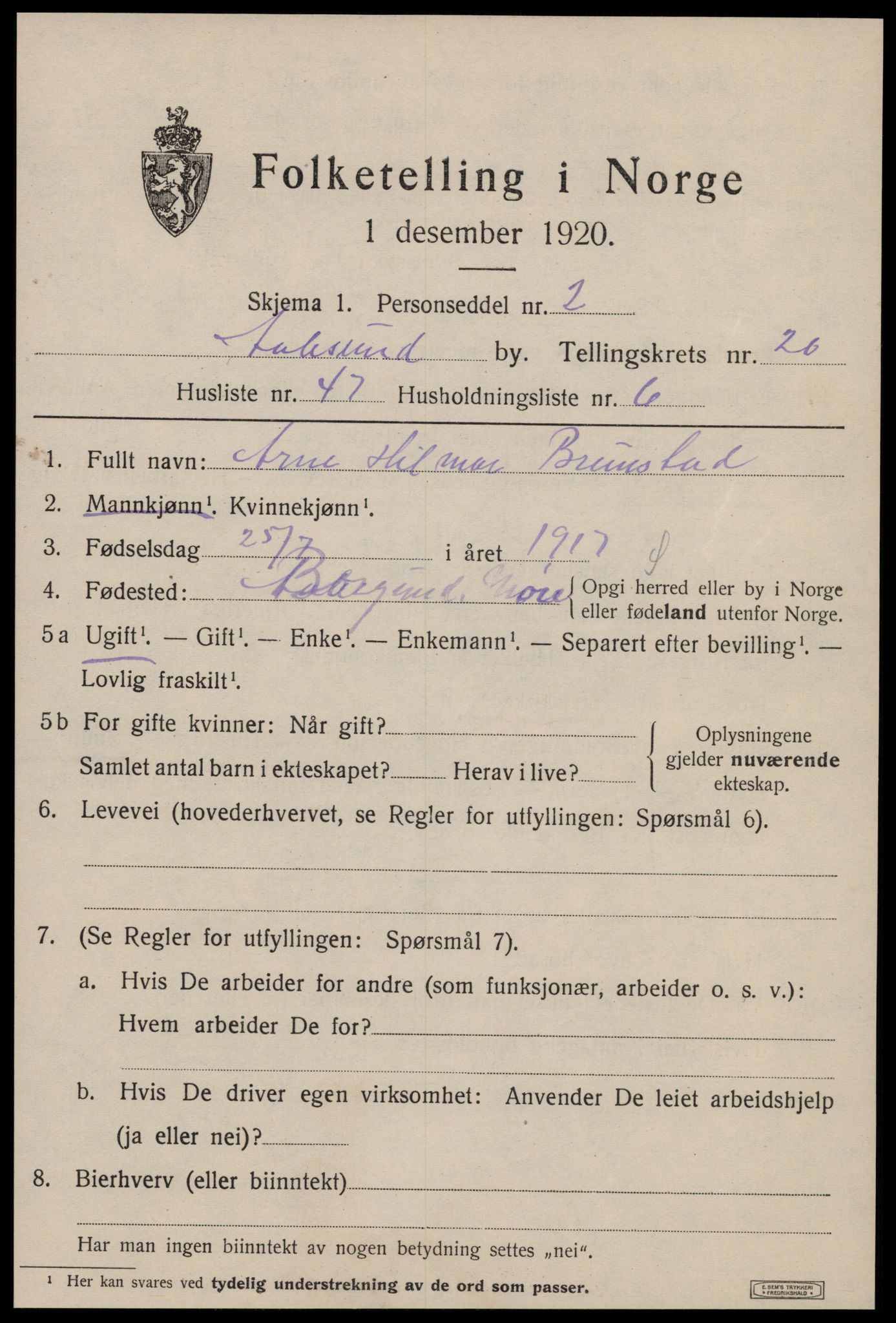 SAT, 1920 census for Ålesund, 1920, p. 39394