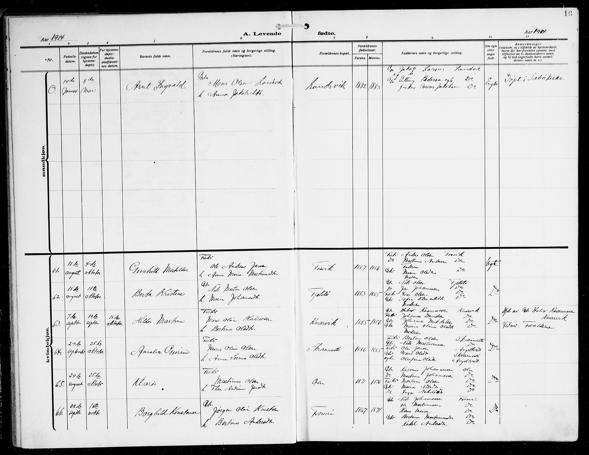 Herdla Sokneprestembete, AV/SAB-A-75701/H/Hab: Parish register (copy) no. C 2, 1913-1926, p. 16