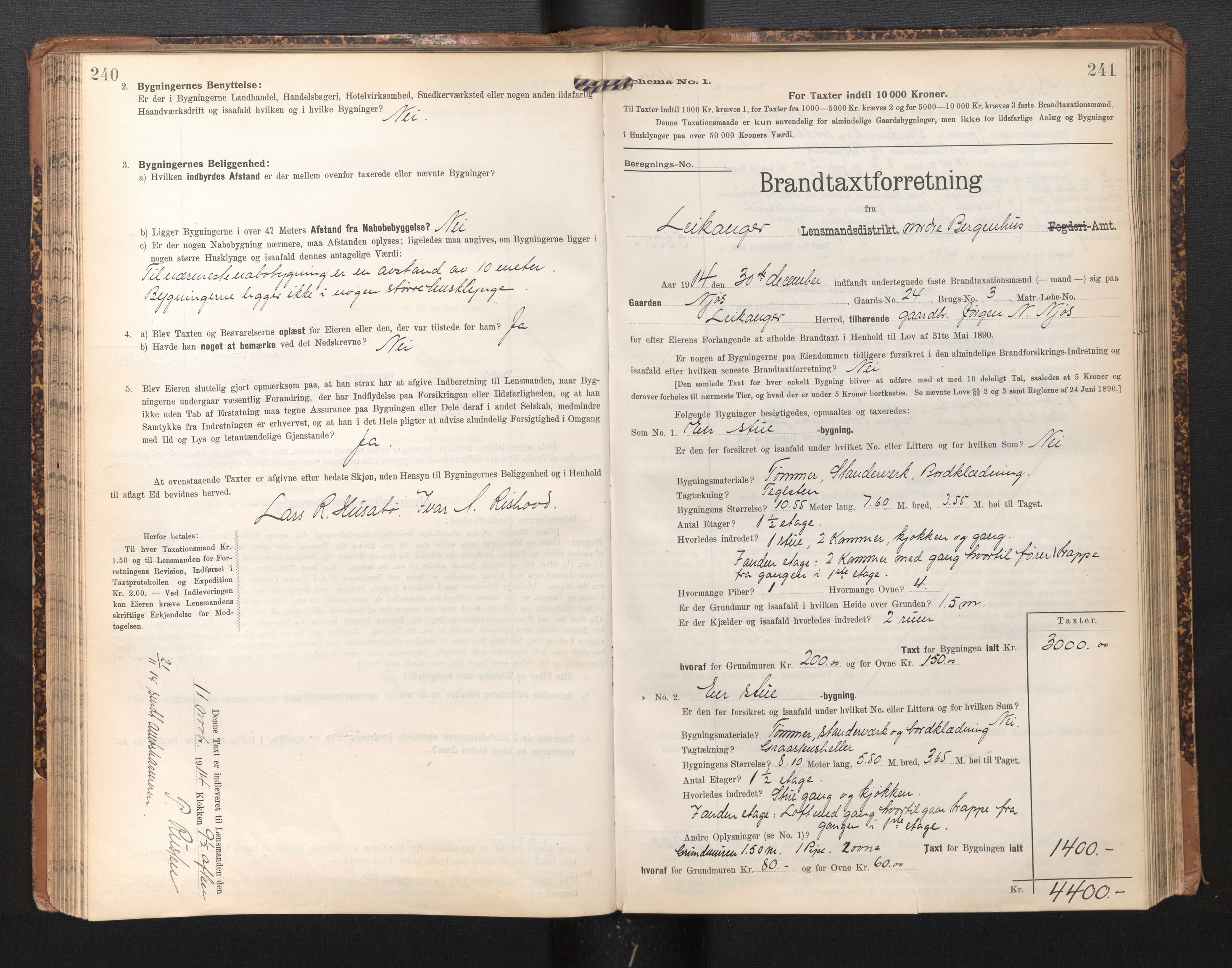 Lensmannen i Leikanger, SAB/A-29201/0012/L0005: Branntakstprotokoll, skjematakst, 1907-1917, p. 240-241