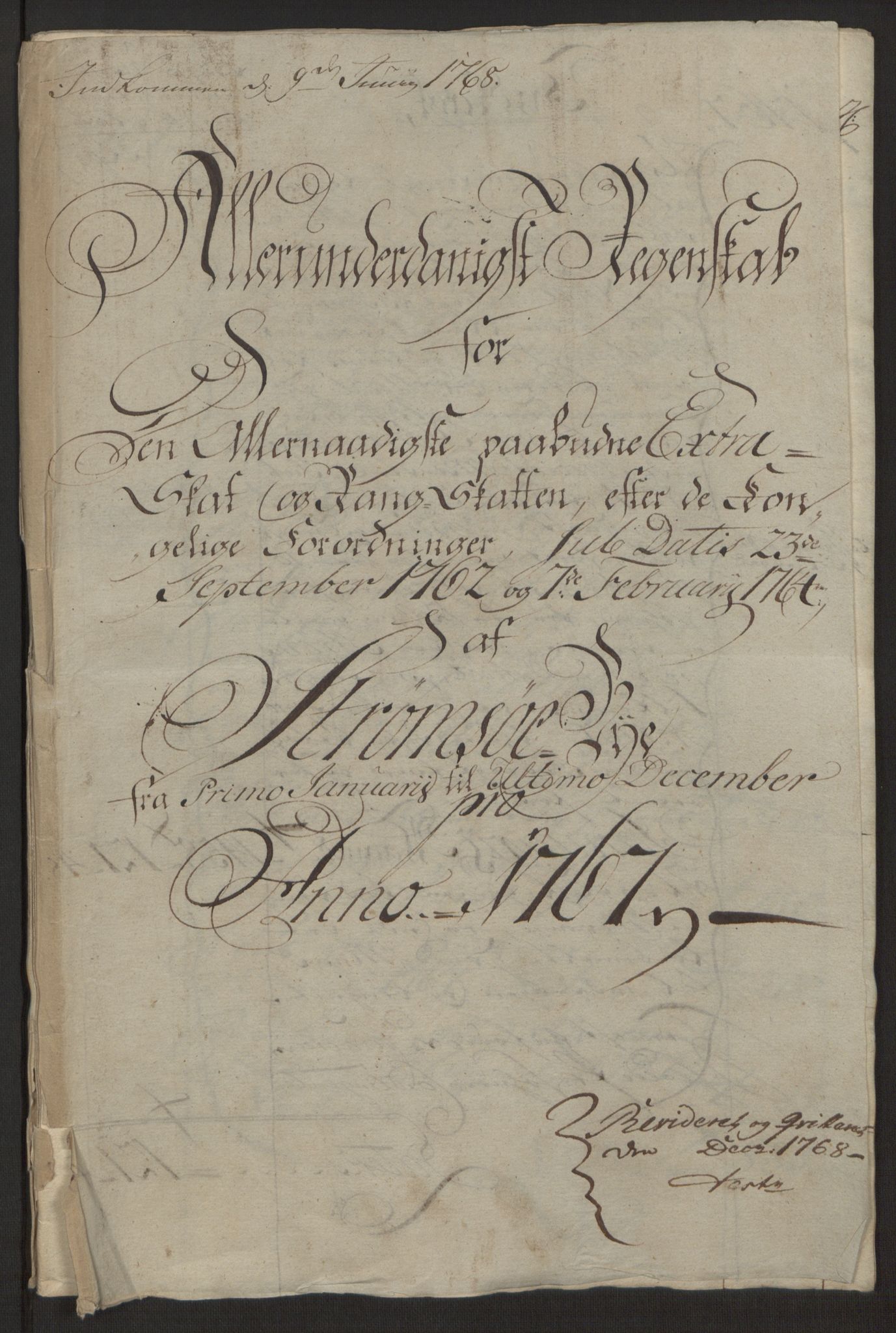 Rentekammeret inntil 1814, Reviderte regnskaper, Byregnskaper, RA/EA-4066/R/Rg/L0144/0001: [G4] Kontribusjonsregnskap / Ekstraskatt, 1762-1767, p. 474