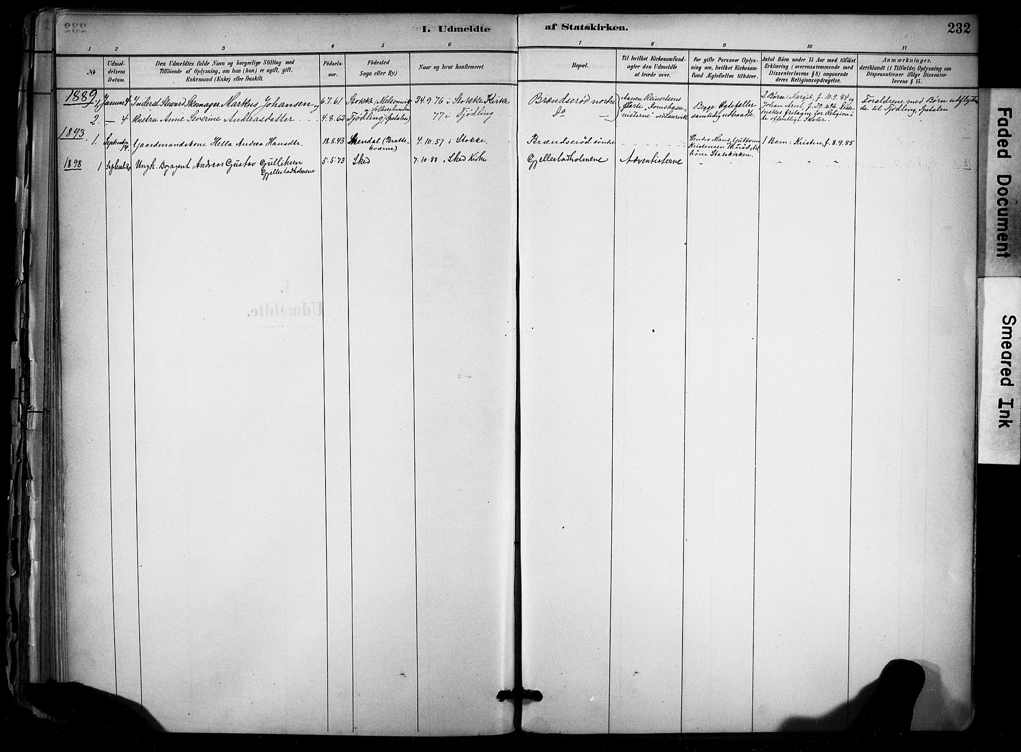 Stokke kirkebøker, AV/SAKO-A-320/F/Fb/L0001: Parish register (official) no. II 1, 1884-1910, p. 232