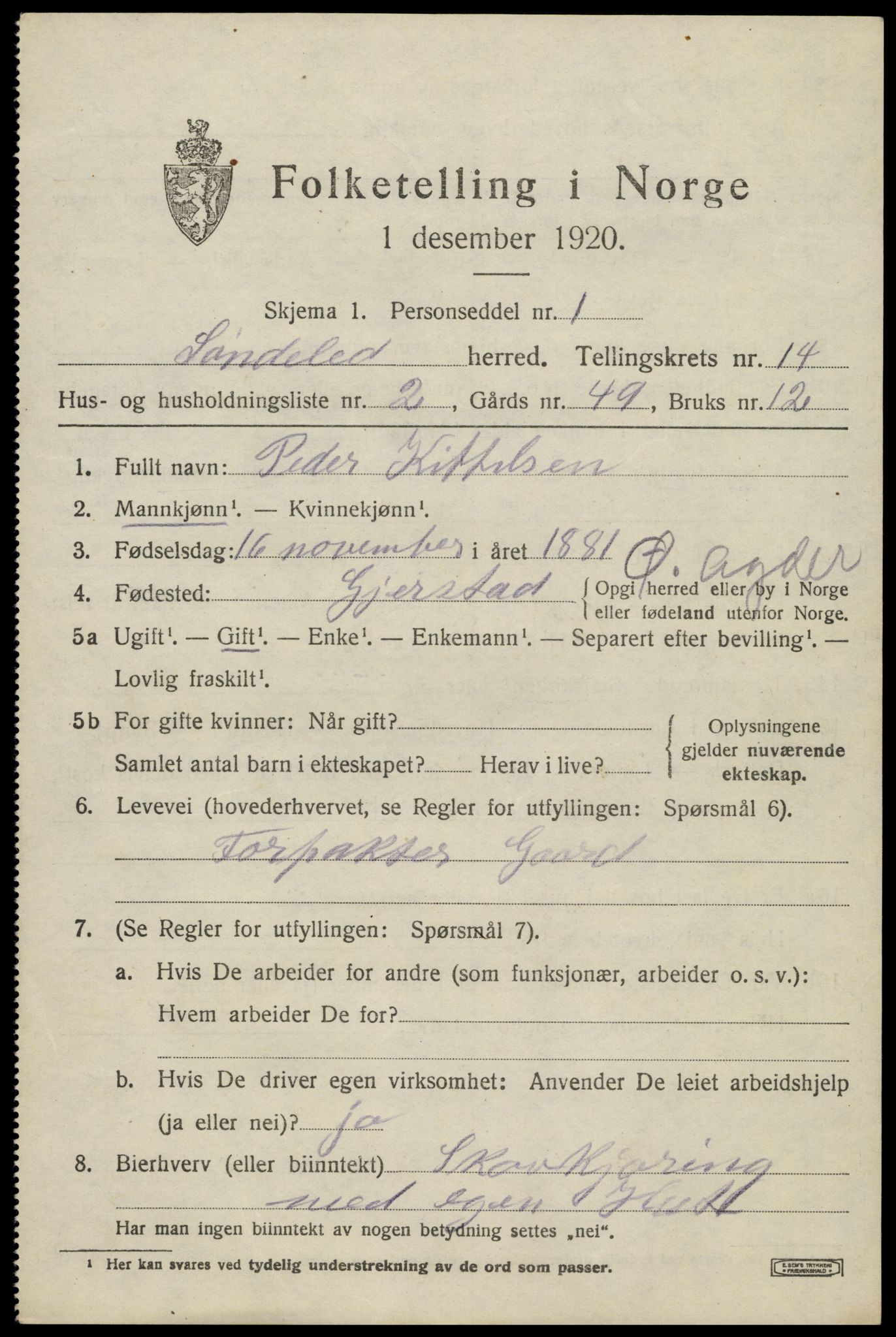 SAK, 1920 census for Søndeled, 1920, p. 6455