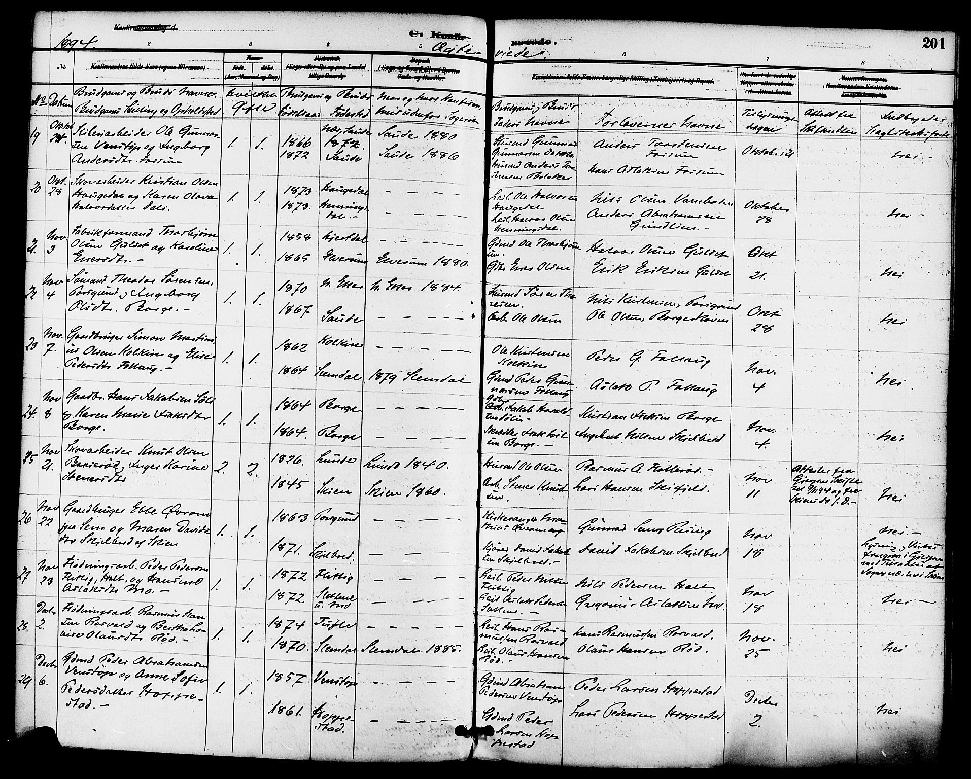 Gjerpen kirkebøker, AV/SAKO-A-265/F/Fa/L0010: Parish register (official) no. I 10, 1886-1895, p. 201