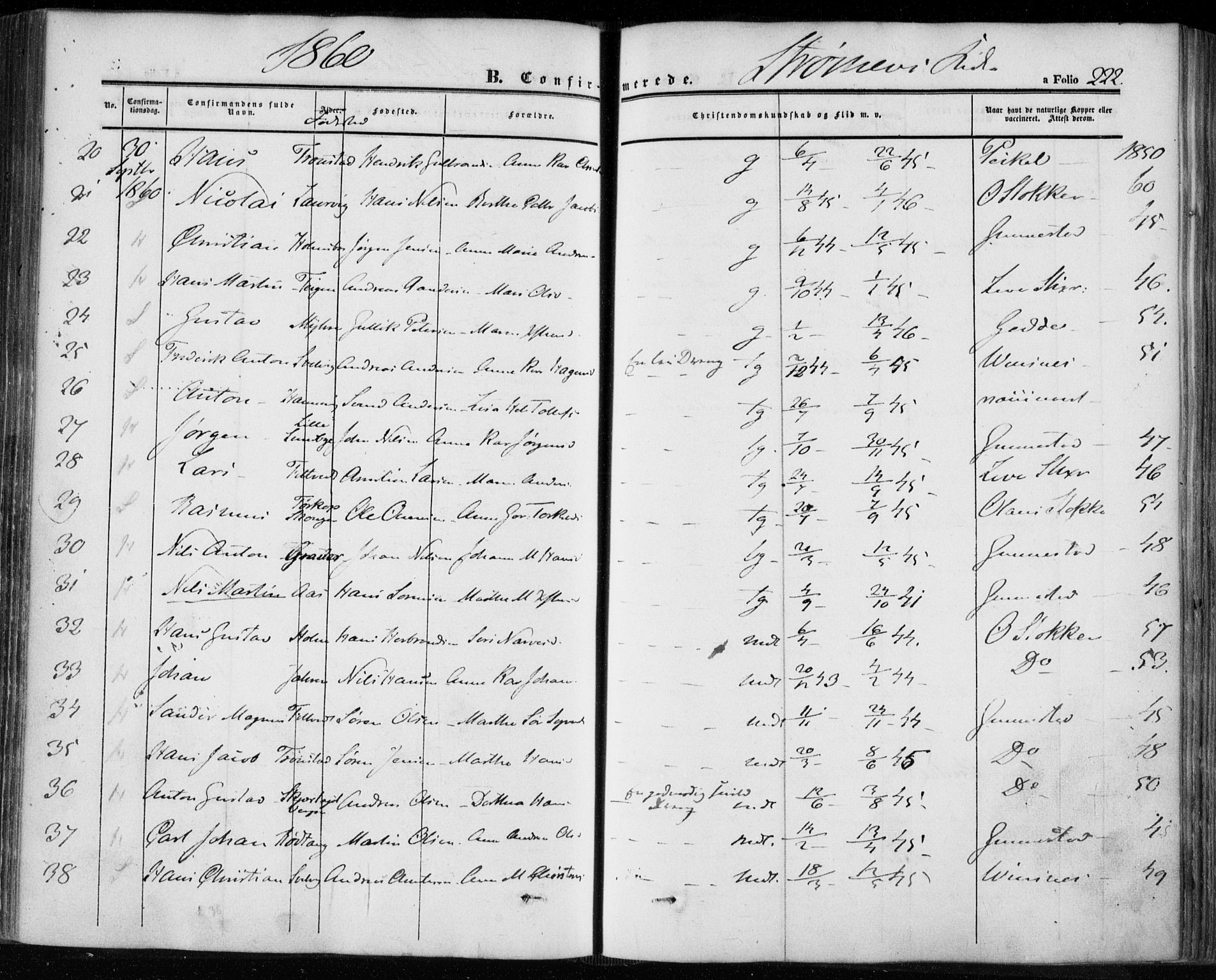 Hurum kirkebøker, SAKO/A-229/F/Fa/L0011: Parish register (official) no. 11, 1847-1860, p. 222