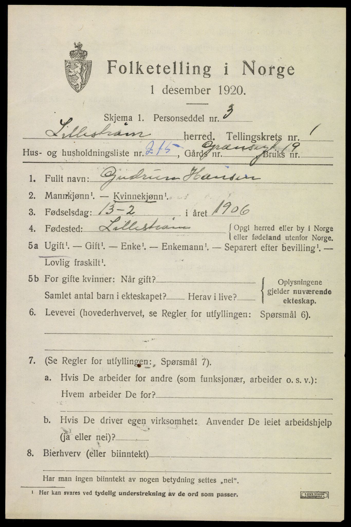 SAO, 1920 census for Lillestrøm, 1920, p. 4832