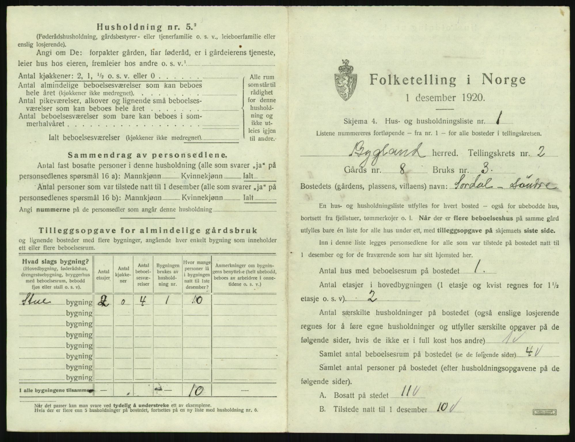 SAK, 1920 census for Bygland, 1920, p. 107