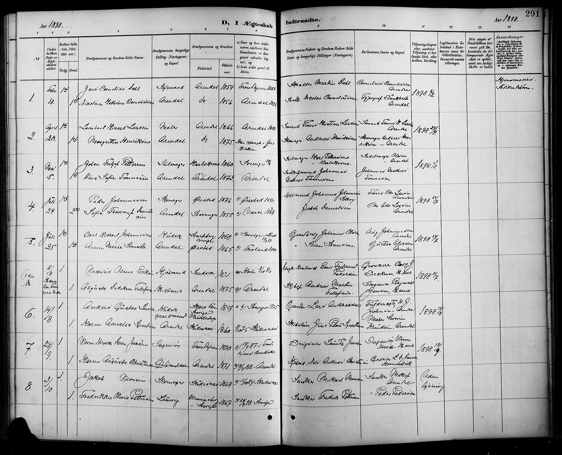 Arendal sokneprestkontor, Trefoldighet, SAK/1111-0040/F/Fb/L0006: Parish register (copy) no. B 6, 1889-1916, p. 291