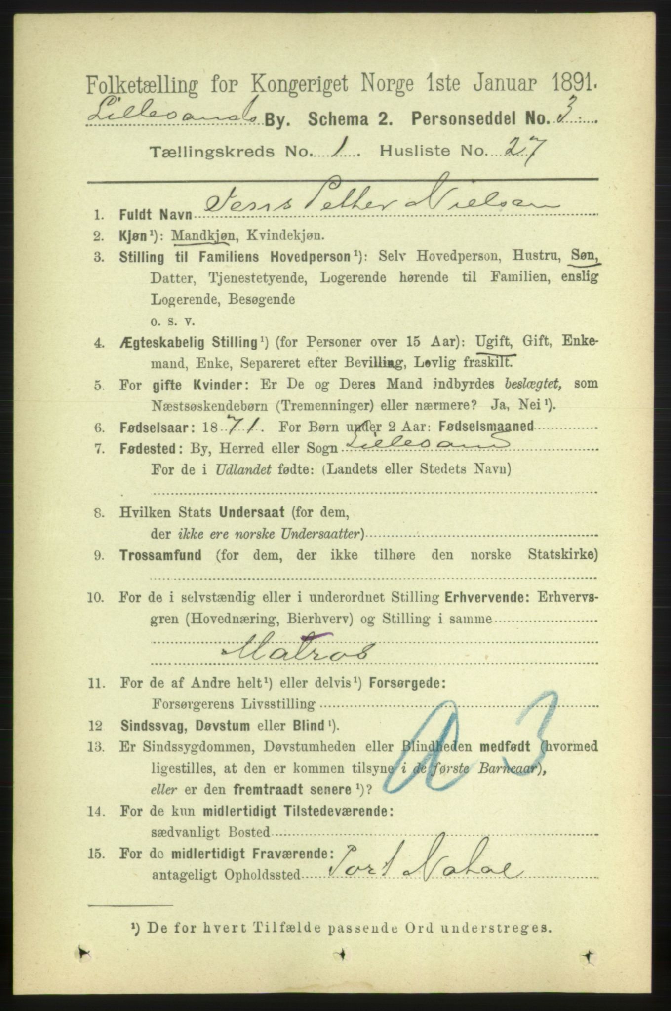 RA, 1891 census for 0905 Lillesand, 1891, p. 165