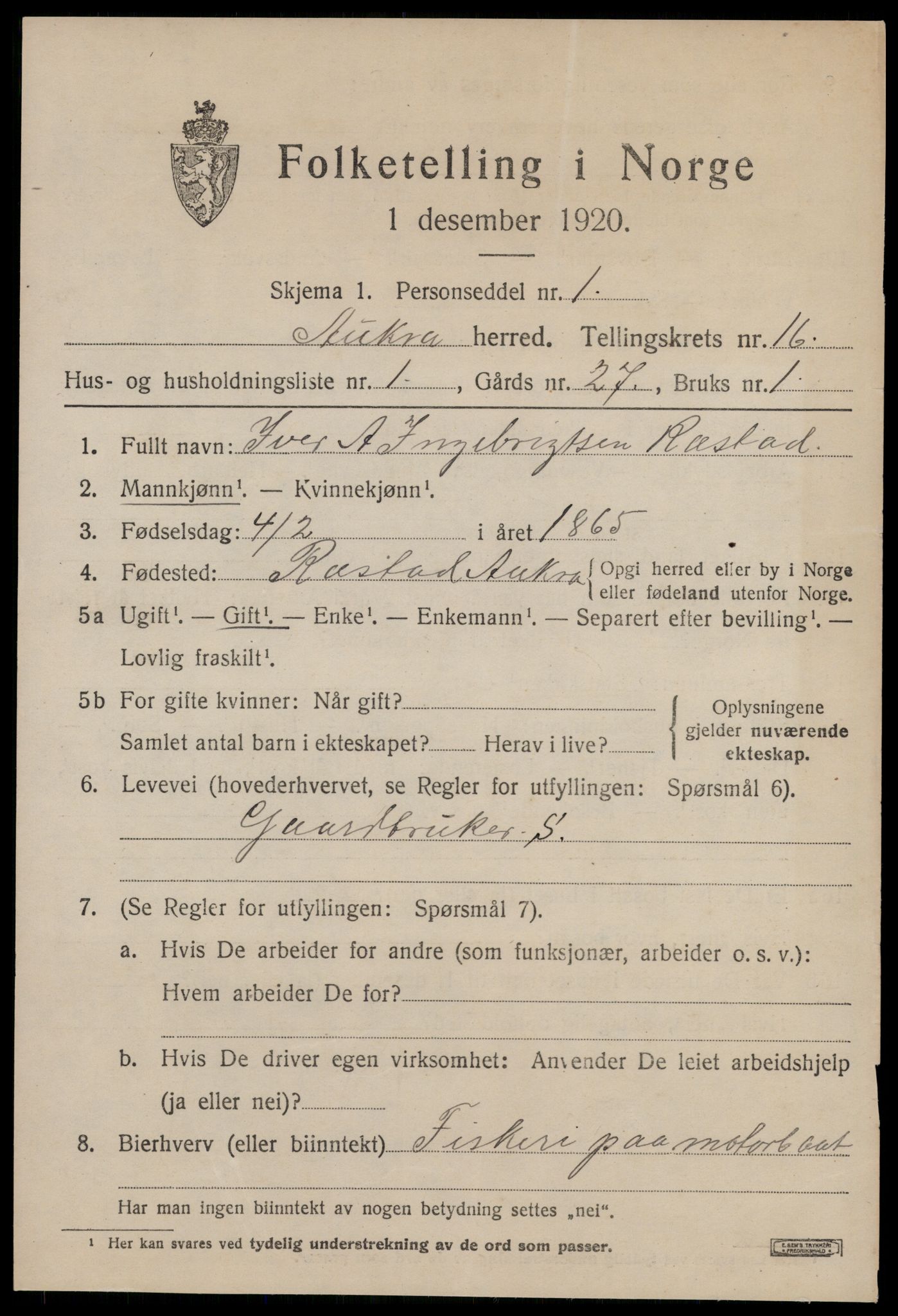 SAT, 1920 census for Aukra, 1920, p. 6933
