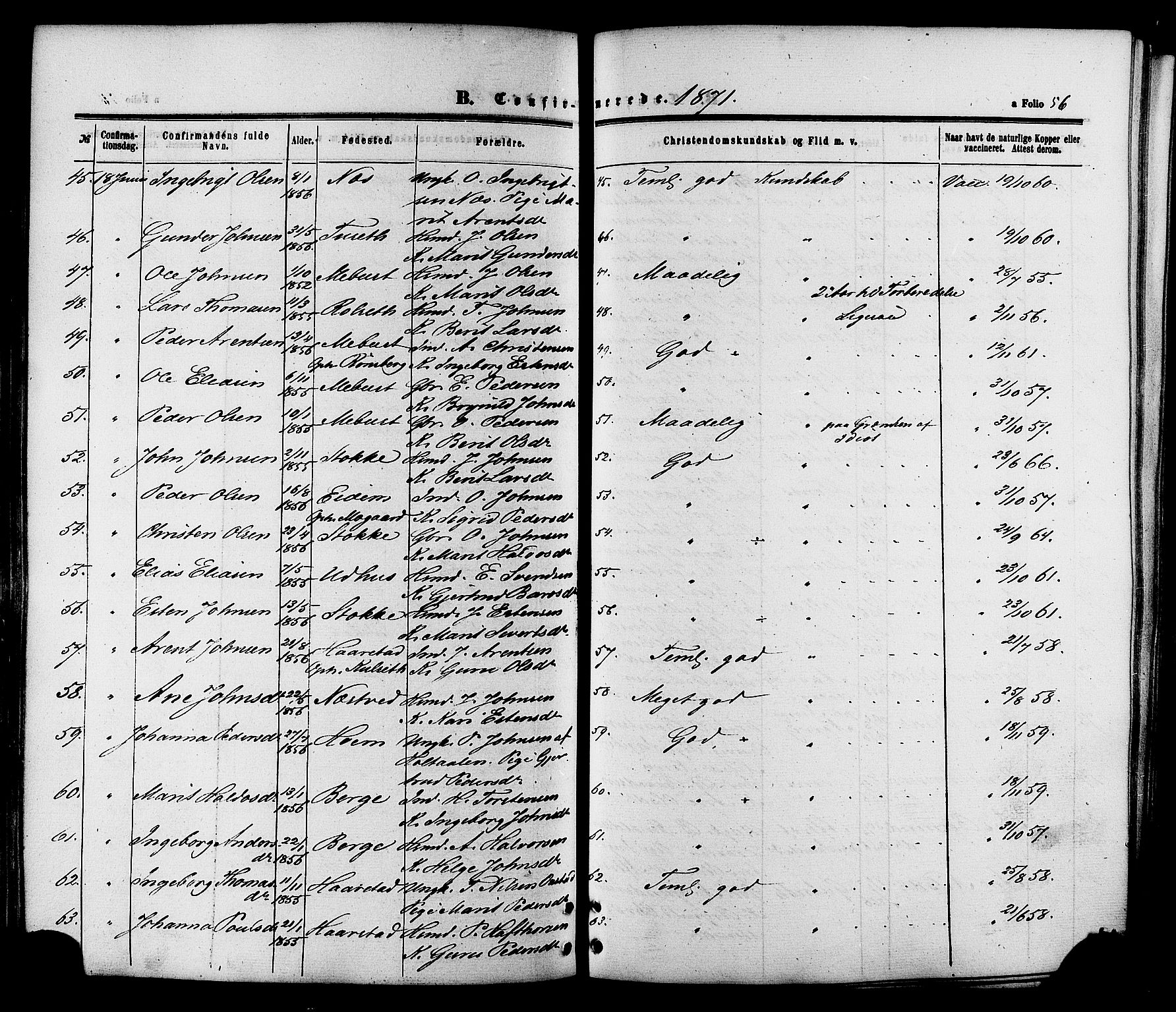 Ministerialprotokoller, klokkerbøker og fødselsregistre - Sør-Trøndelag, AV/SAT-A-1456/695/L1147: Parish register (official) no. 695A07, 1860-1877, p. 56