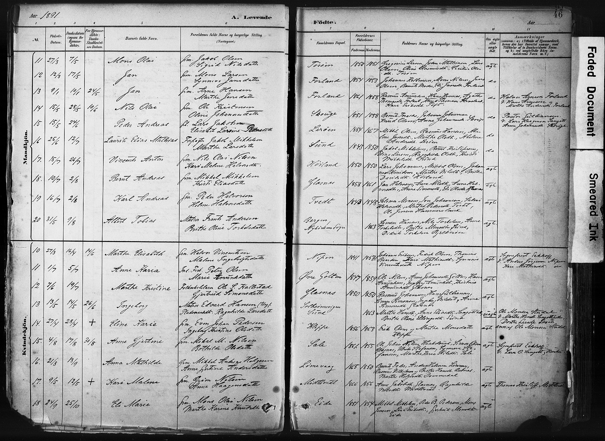 Sund sokneprestembete, AV/SAB-A-99930: Parish register (official) no. B 1, 1882-1907, p. 46