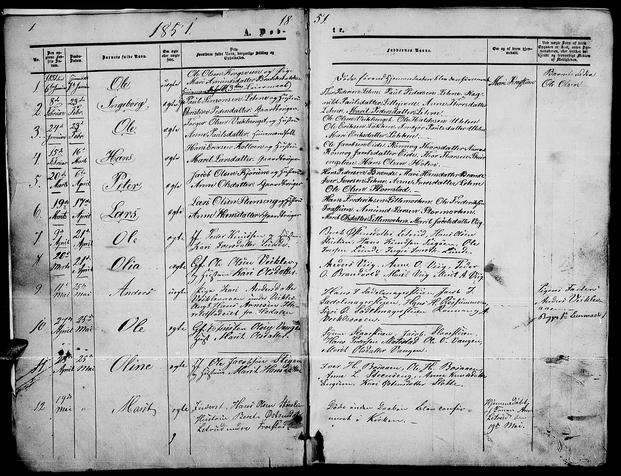 Nord-Fron prestekontor, AV/SAH-PREST-080/H/Ha/Hab/L0003: Parish register (copy) no. 3, 1851-1886, p. 1