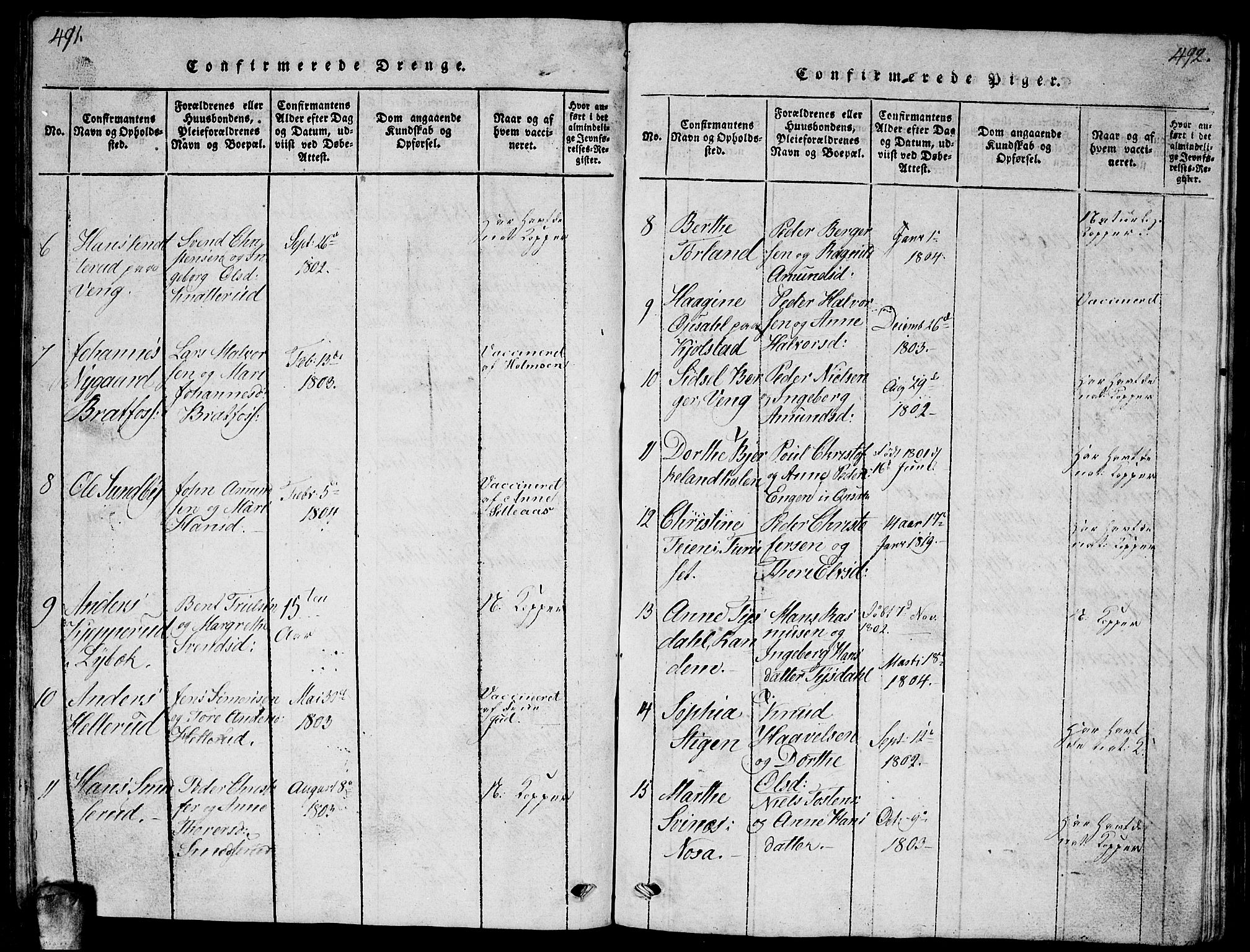 Enebakk prestekontor Kirkebøker, AV/SAO-A-10171c/G/Ga/L0001: Parish register (copy) no. I 1, 1815-1833, p. 491-492