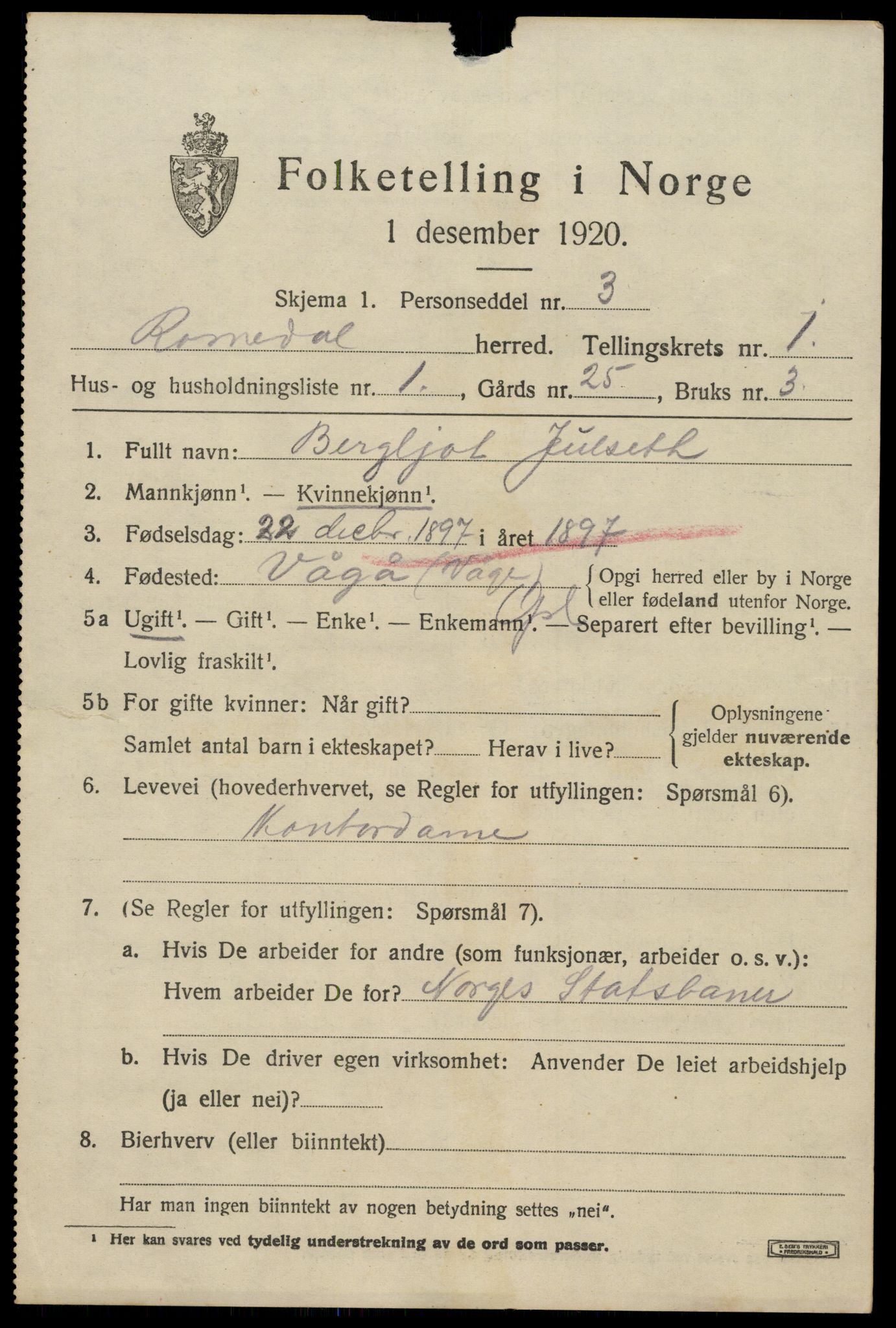 SAH, 1920 census for Romedal, 1920, p. 1943