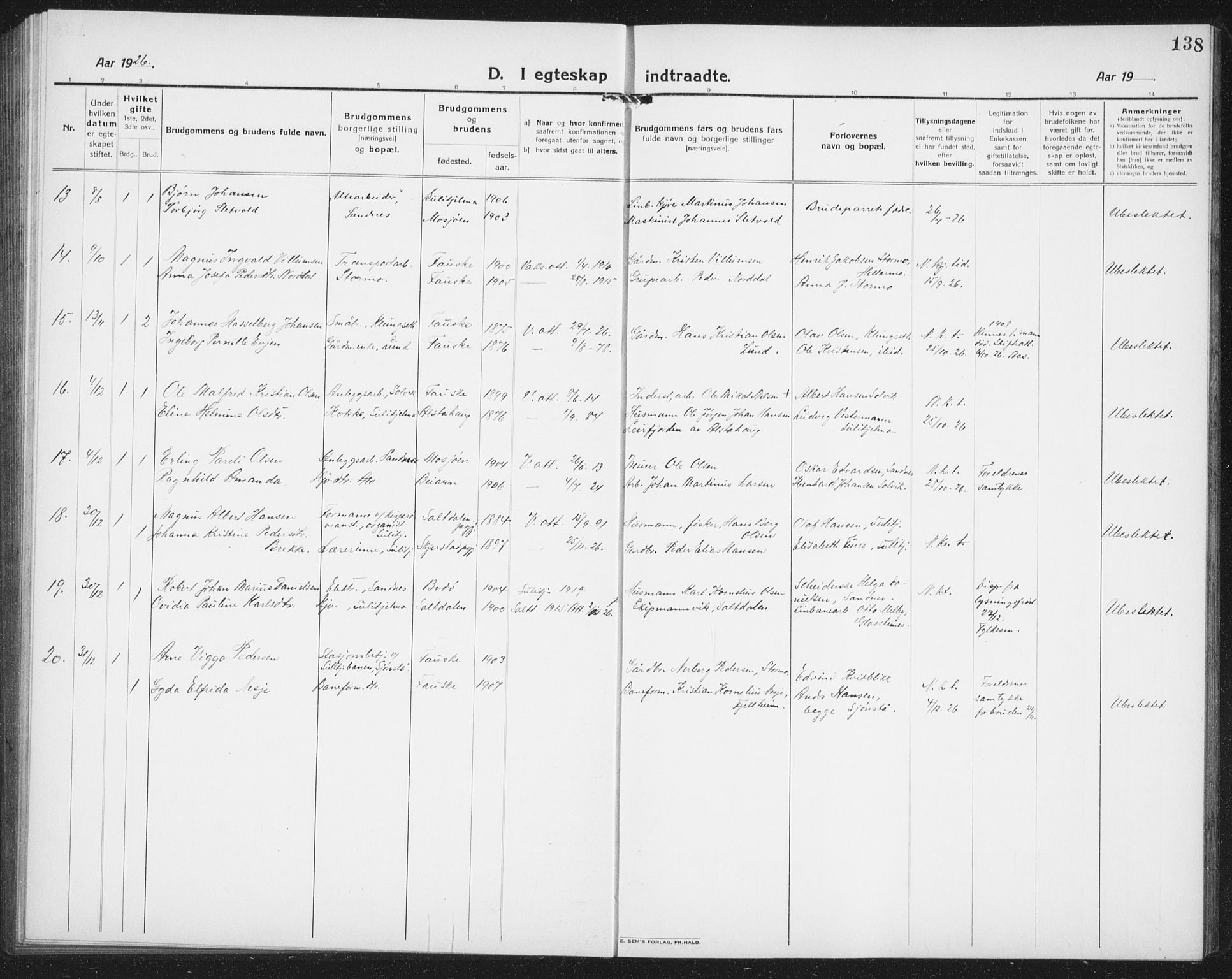 Ministerialprotokoller, klokkerbøker og fødselsregistre - Nordland, AV/SAT-A-1459/850/L0718: Parish register (copy) no. 850C02, 1921-1941, p. 138