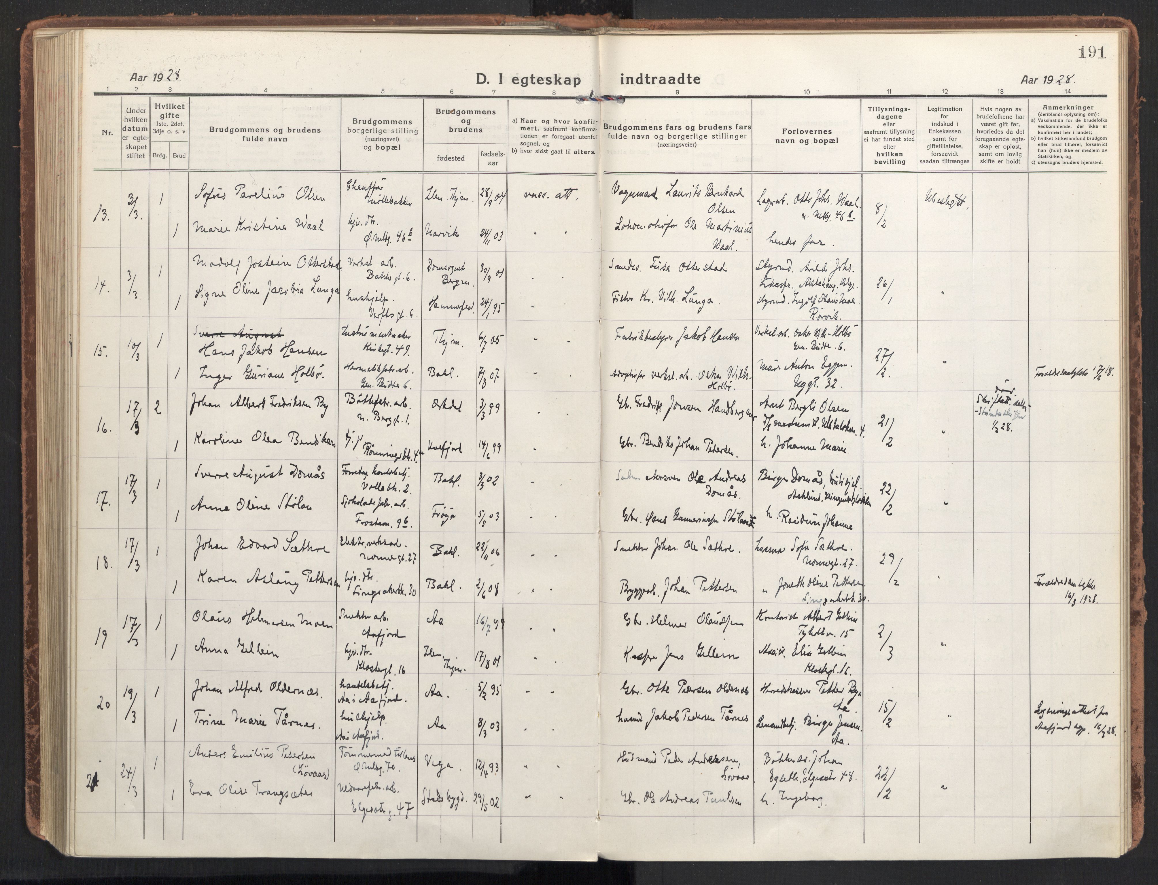 Ministerialprotokoller, klokkerbøker og fødselsregistre - Sør-Trøndelag, AV/SAT-A-1456/604/L0206: Parish register (official) no. 604A26, 1917-1931, p. 191