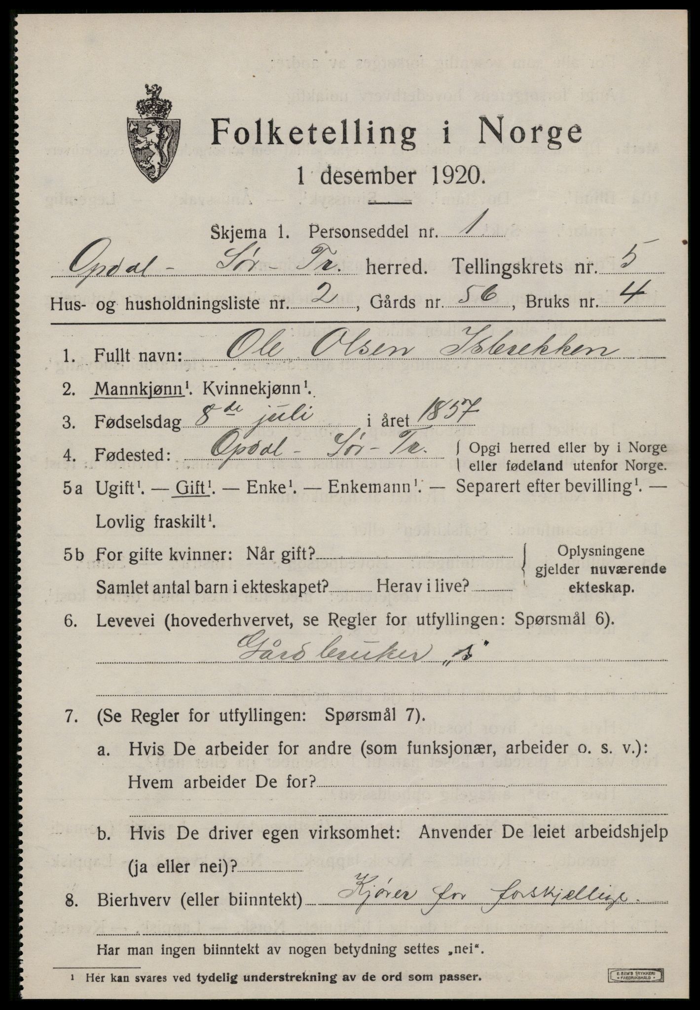 SAT, 1920 census for Oppdal, 1920, p. 4969