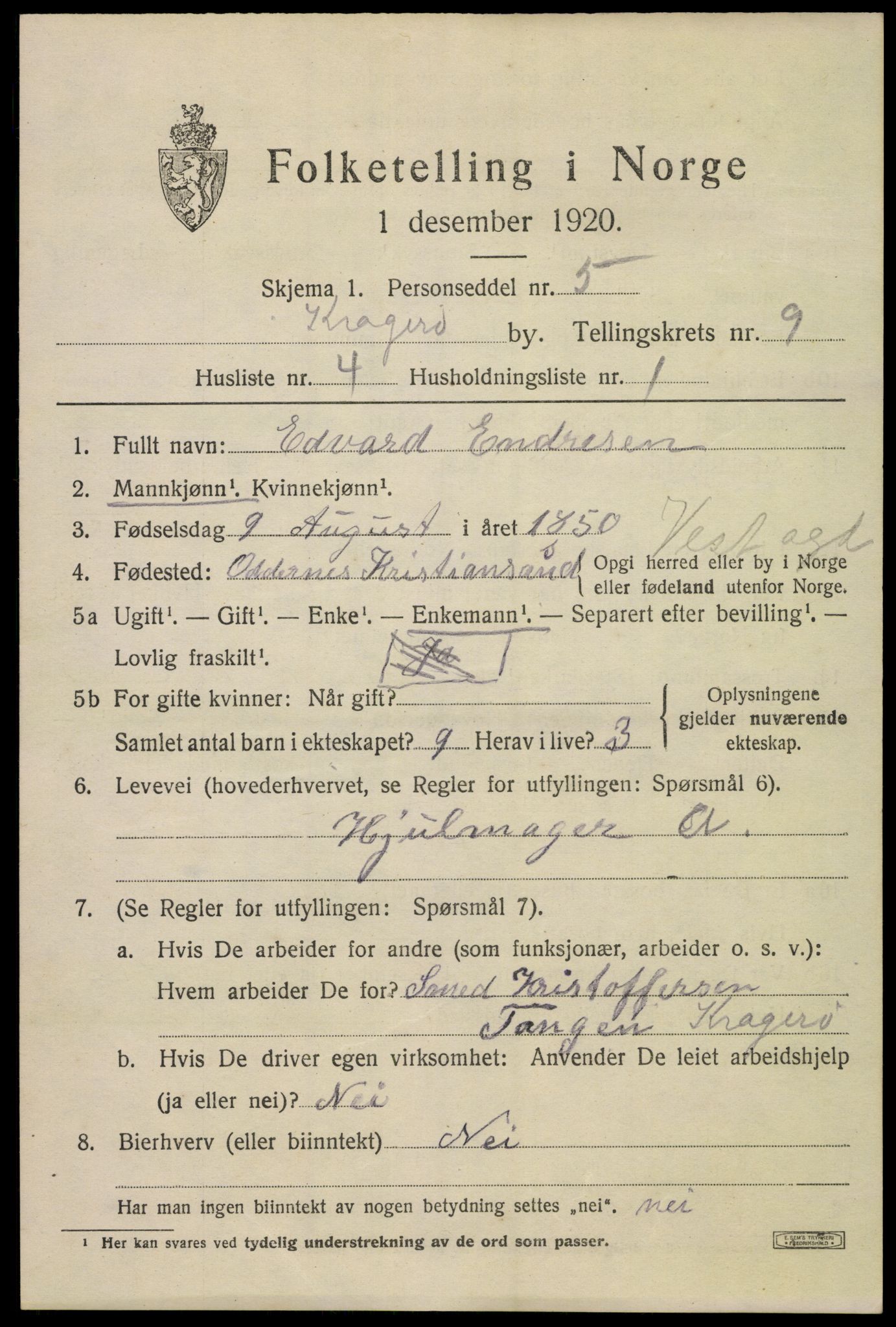 SAKO, 1920 census for Kragerø, 1920, p. 11995