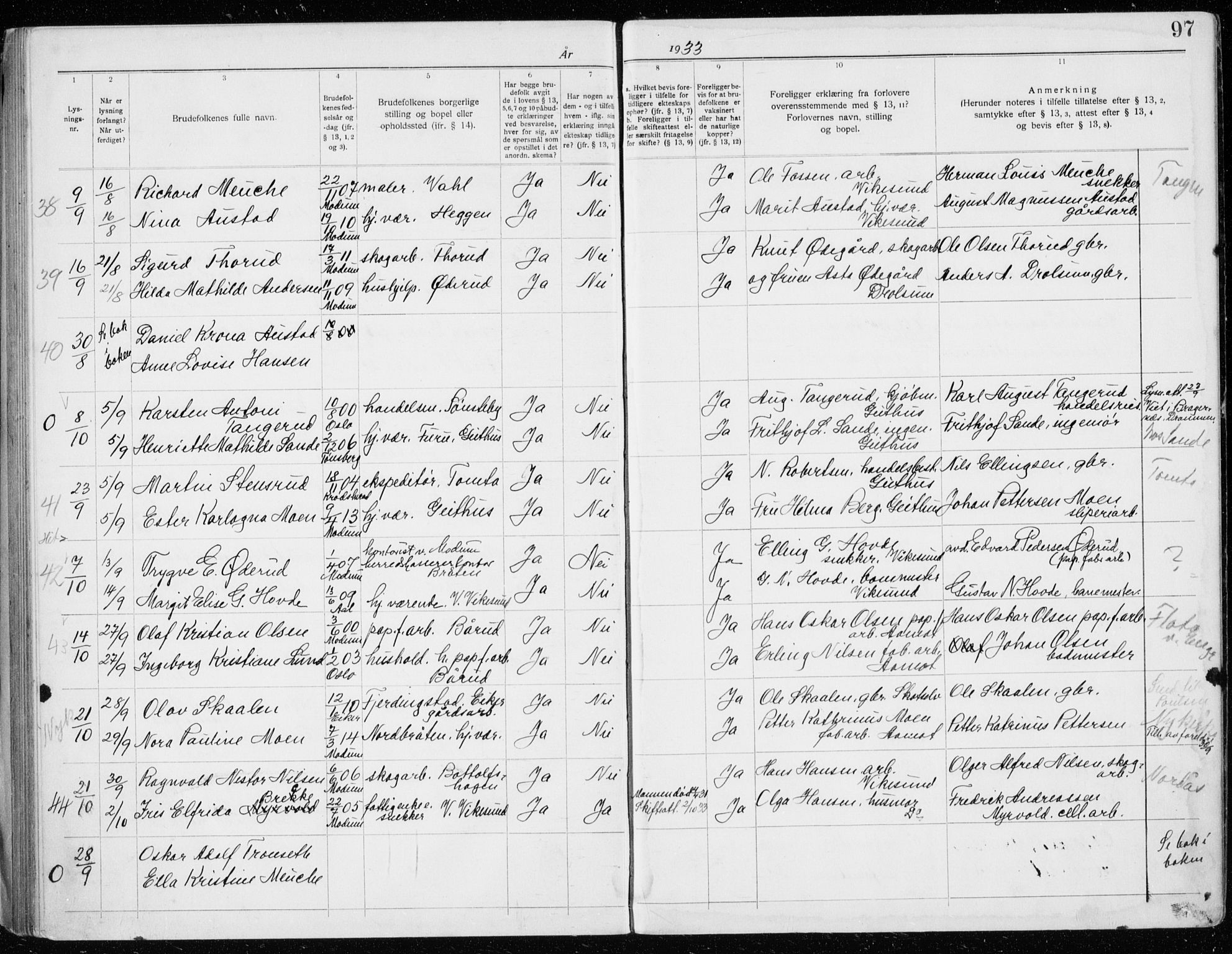 Modum kirkebøker, AV/SAKO-A-234/H/Ha/L0003: Banns register no. I 3, 1920-1934, p. 97