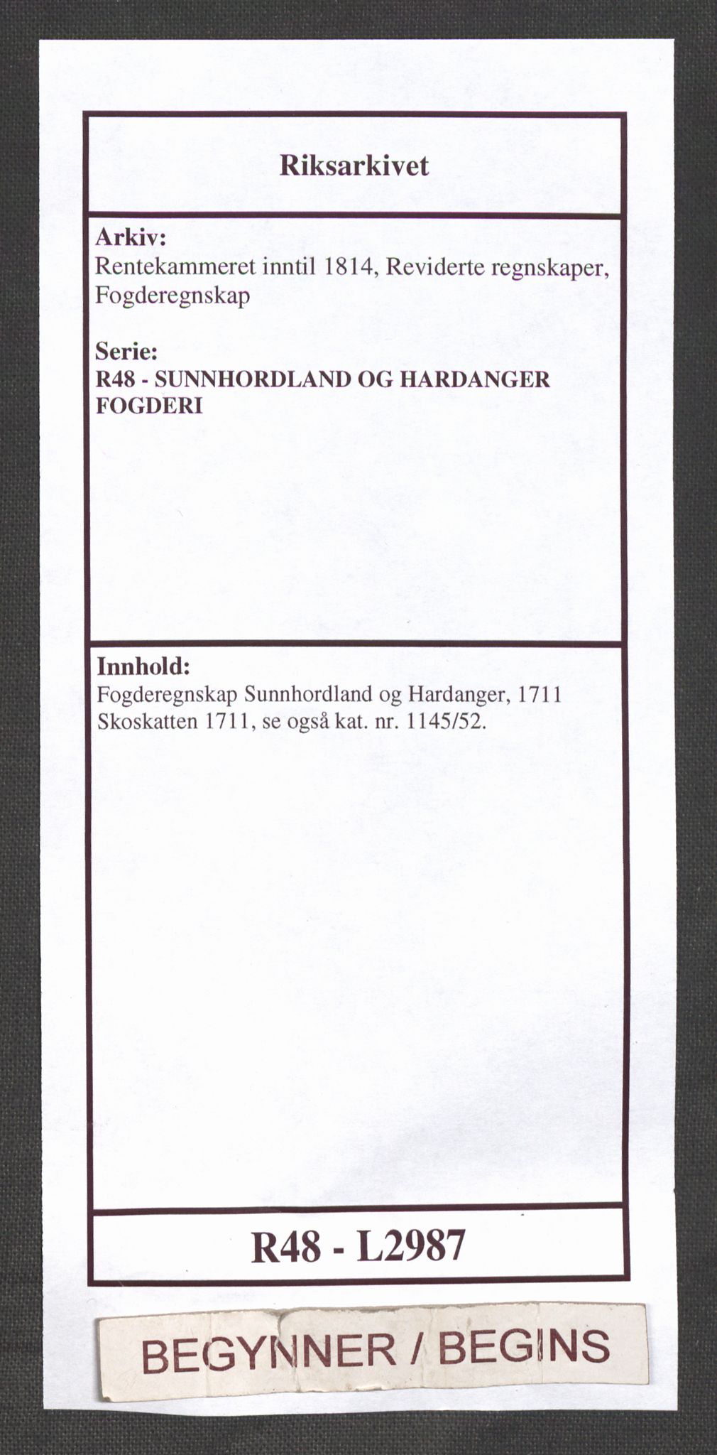 Rentekammeret inntil 1814, Reviderte regnskaper, Fogderegnskap, AV/RA-EA-4092/R48/L2987: Fogderegnskap Sunnhordland og Hardanger, 1711, p. 1