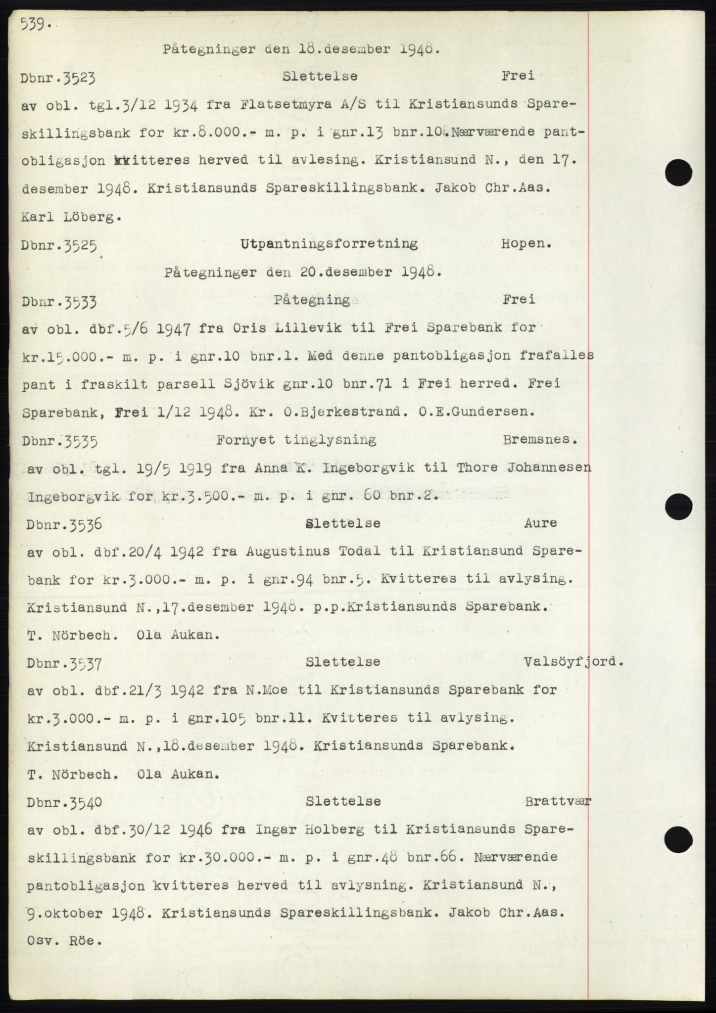 Nordmøre sorenskriveri, AV/SAT-A-4132/1/2/2Ca: Mortgage book no. C82b, 1946-1951, Diary no: : 3523/1948