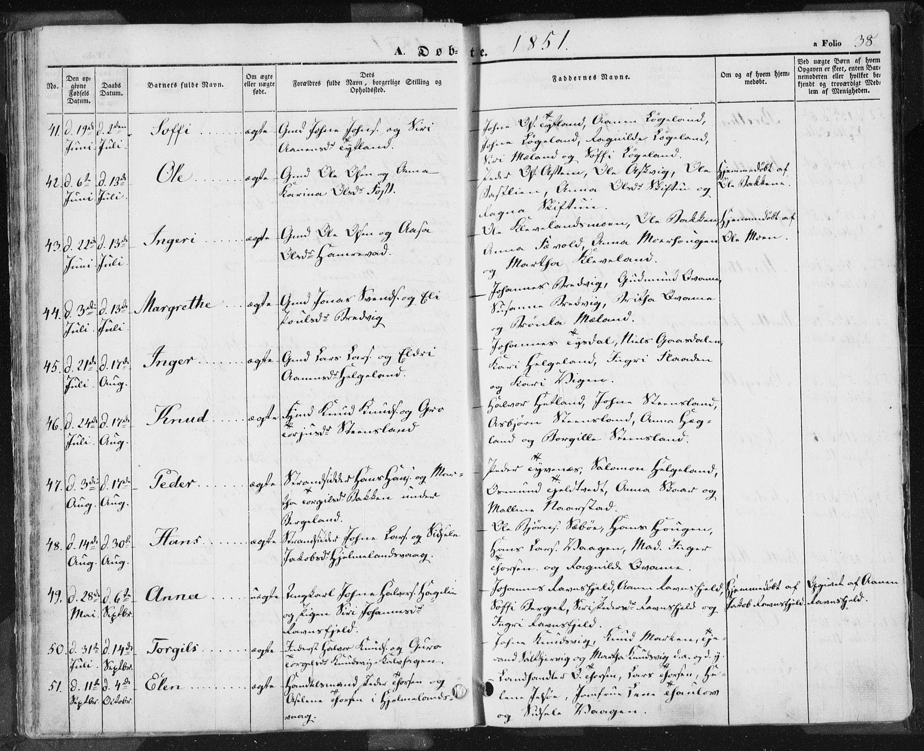 Hjelmeland sokneprestkontor, AV/SAST-A-101843/01/IV/L0009: Parish register (official) no. A 9, 1846-1860, p. 38