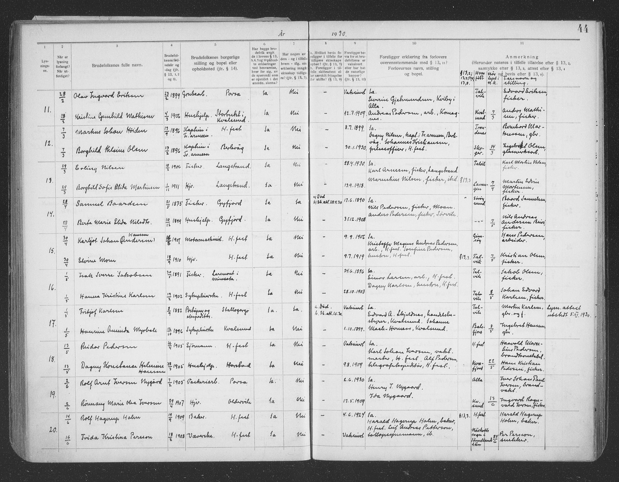 Hammerfest sokneprestkontor, AV/SATØ-S-1347/I/Ib/L0073: Banns register no. 73, 1921-1939, p. 44