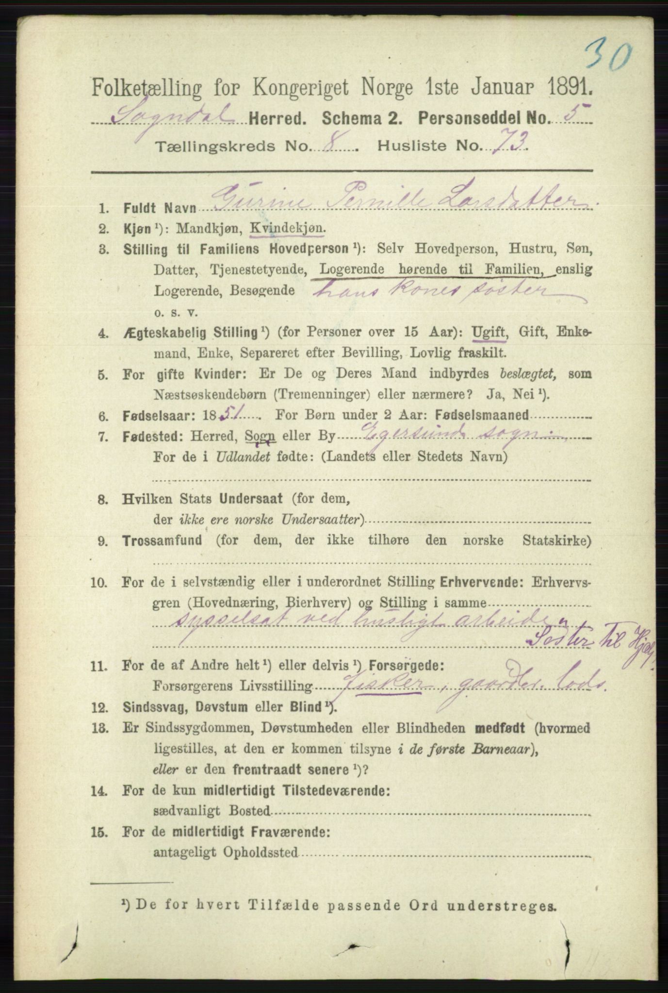 RA, 1891 census for 1111 Sokndal, 1891, p. 3104